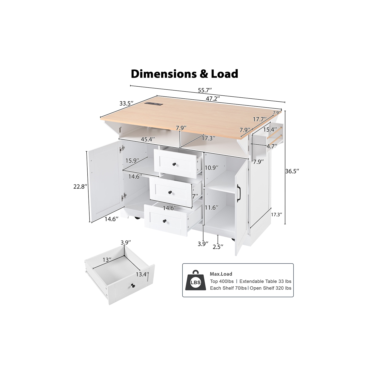 Îlot de cuisine Kepooman 55,7'' avec abattant 2 pour 4-6 places, chariot de cuisine à roulettes sur 5 roulettes avec prise électrique - Blanc