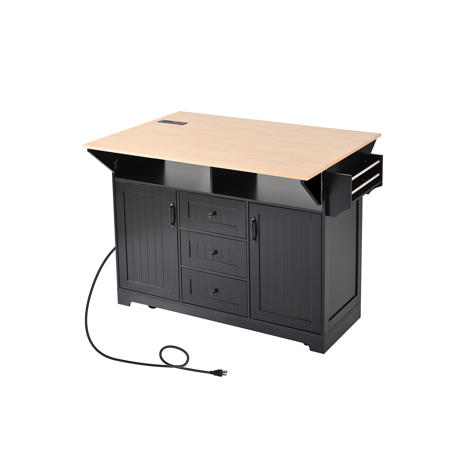 Kepooman 55.7'' Kitchen Island with 2 Drop Leaf for 4-6 Seating, Rolling Kitchen Cart on 5 Wheels with Power Outlet - Black