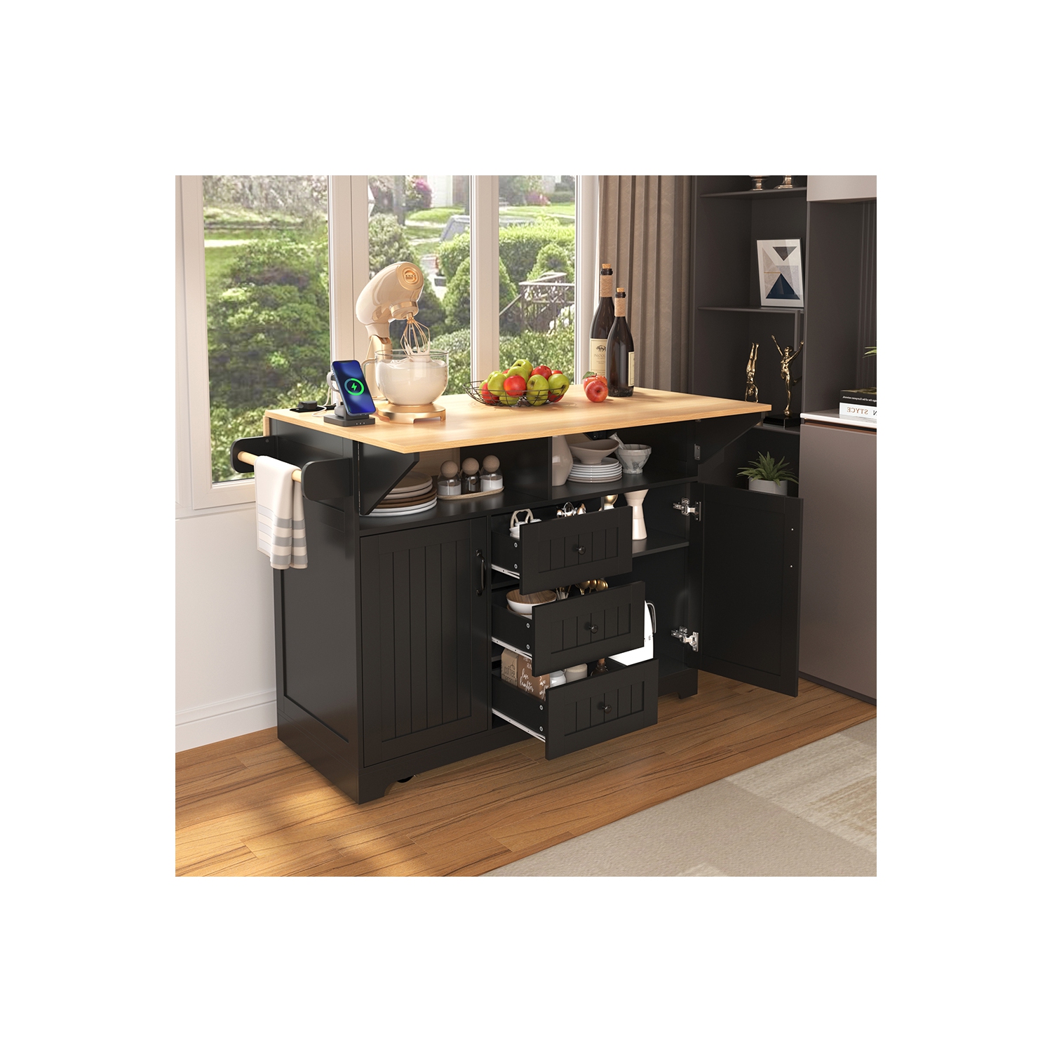 Kepooman 55.7'' Kitchen Island with 2 Drop Leaf for 4-6 Seating, Rolling Kitchen Cart on 5 Wheels with Power Outlet - Black