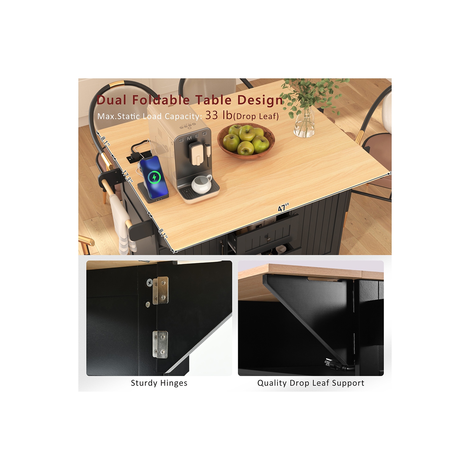 Kepooman 55.7'' Kitchen Island with 2 Drop Leaf for 4-6 Seating, Rolling Kitchen Cart on 5 Wheels with Power Outlet - Black