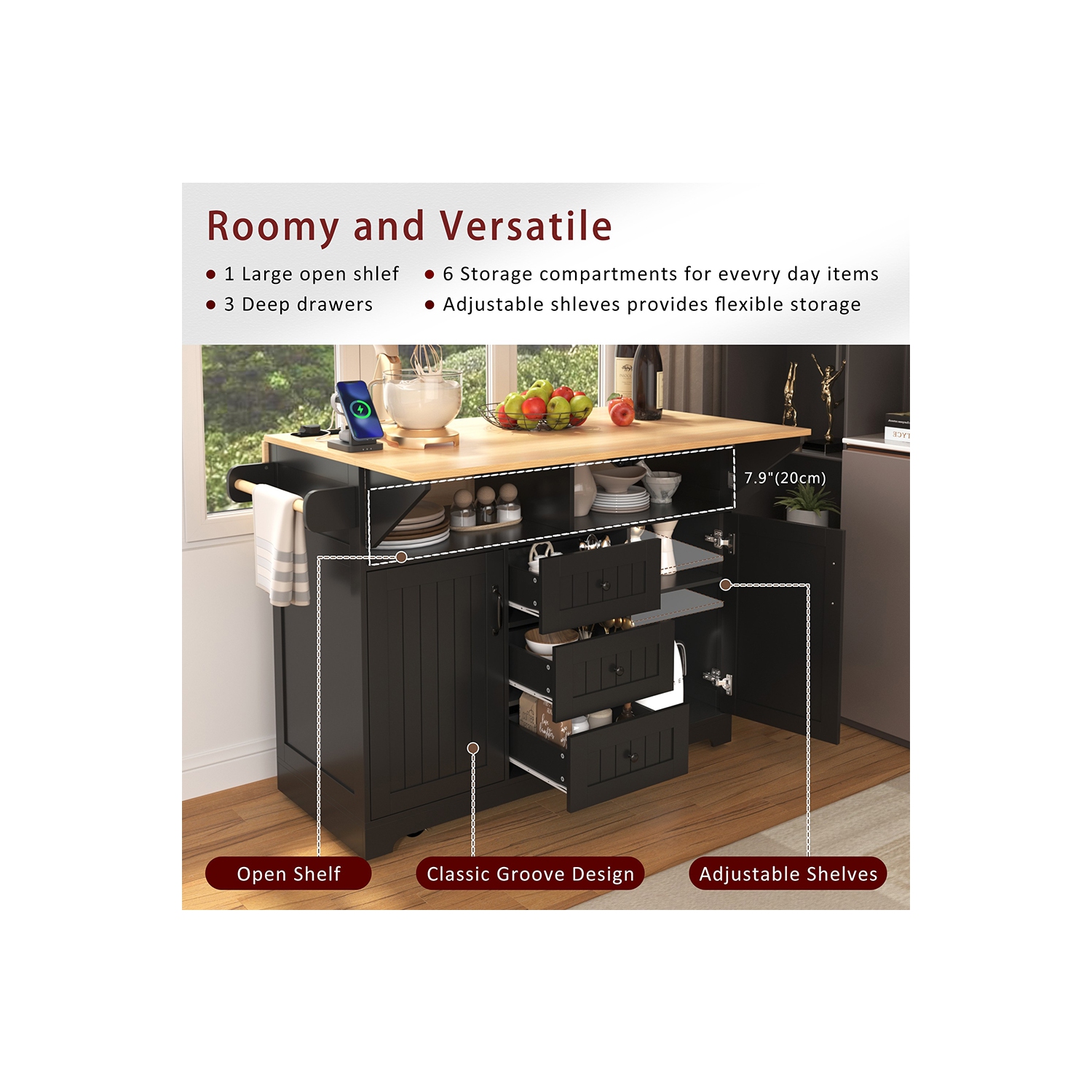 Kepooman 55.7'' Kitchen Island with 2 Drop Leaf for 4-6 Seating, Rolling Kitchen Cart on 5 Wheels with Power Outlet - Black