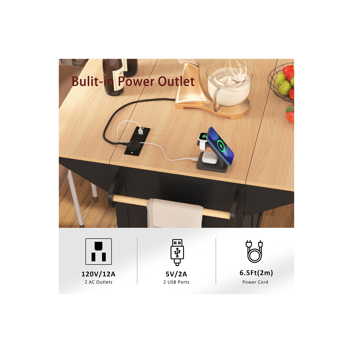 Kepooman 55.7'' Kitchen Island with 2 Drop Leaf for 4-6 Seating, Rolling Kitchen Cart on 5 Wheels with Power Outlet - Black