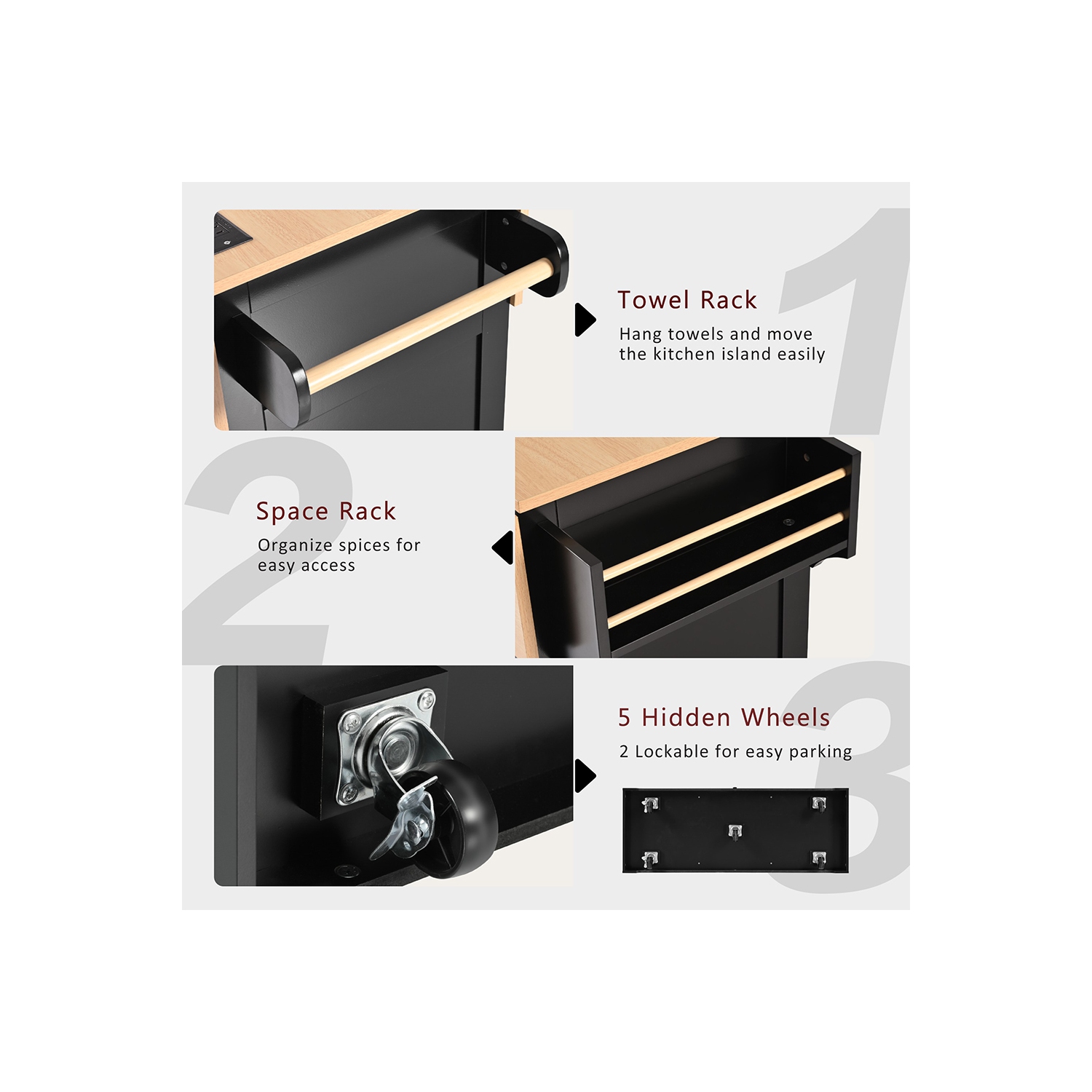 Kepooman 55.7'' Kitchen Island with 2 Drop Leaf for 4-6 Seating, Rolling Kitchen Cart on 5 Wheels with Power Outlet - Black