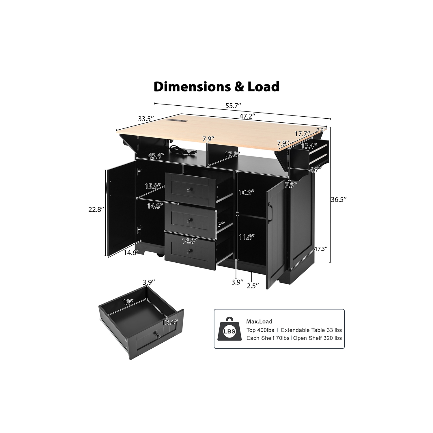 Kepooman 55.7'' Kitchen Island with 2 Drop Leaf for 4-6 Seating, Rolling Kitchen Cart on 5 Wheels with Power Outlet - Black