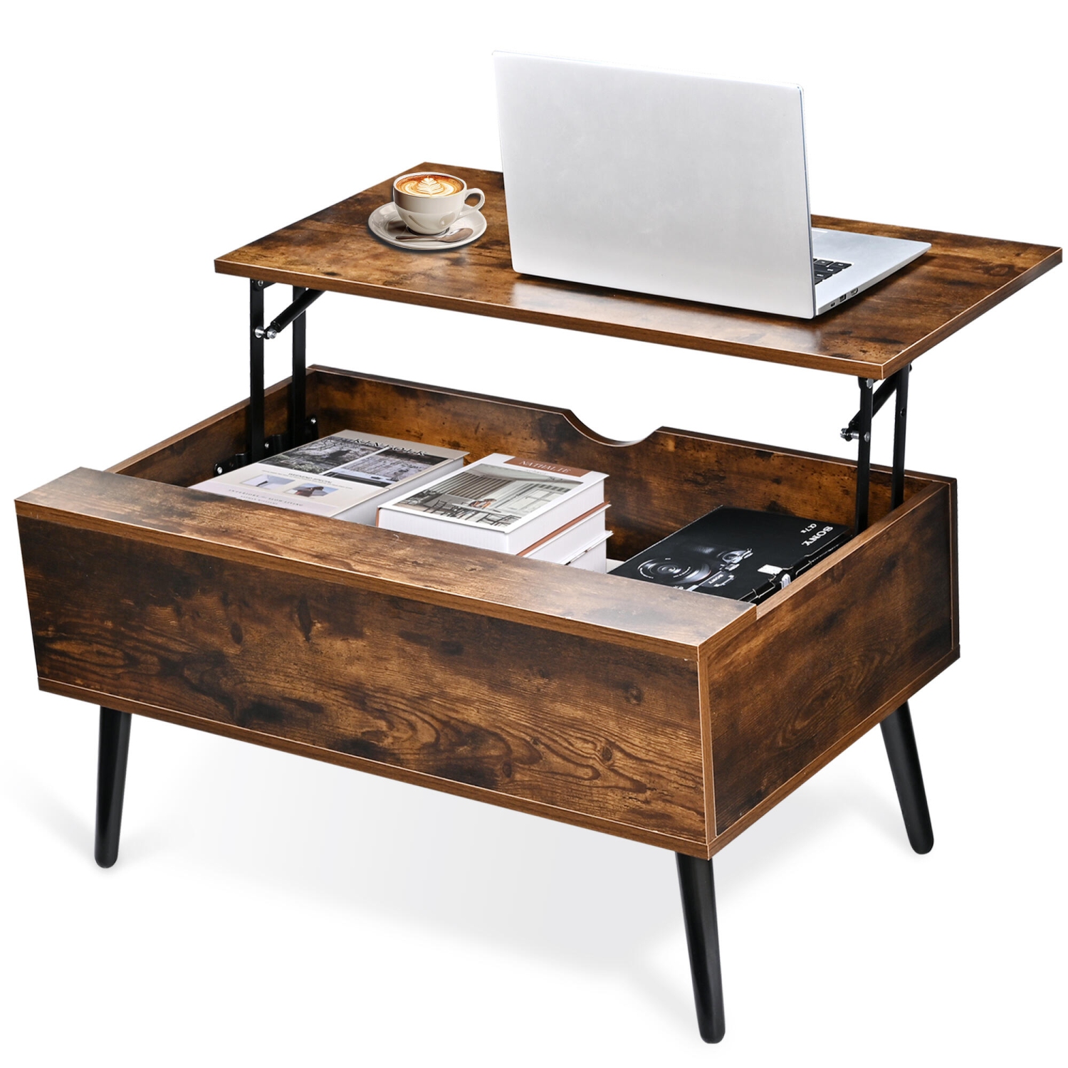 Table basse en bois à dessus relevable avec compartiment de rangement dissimulé, table de service à thé 31,5&nbsp;po pour salle de séjour, salle de