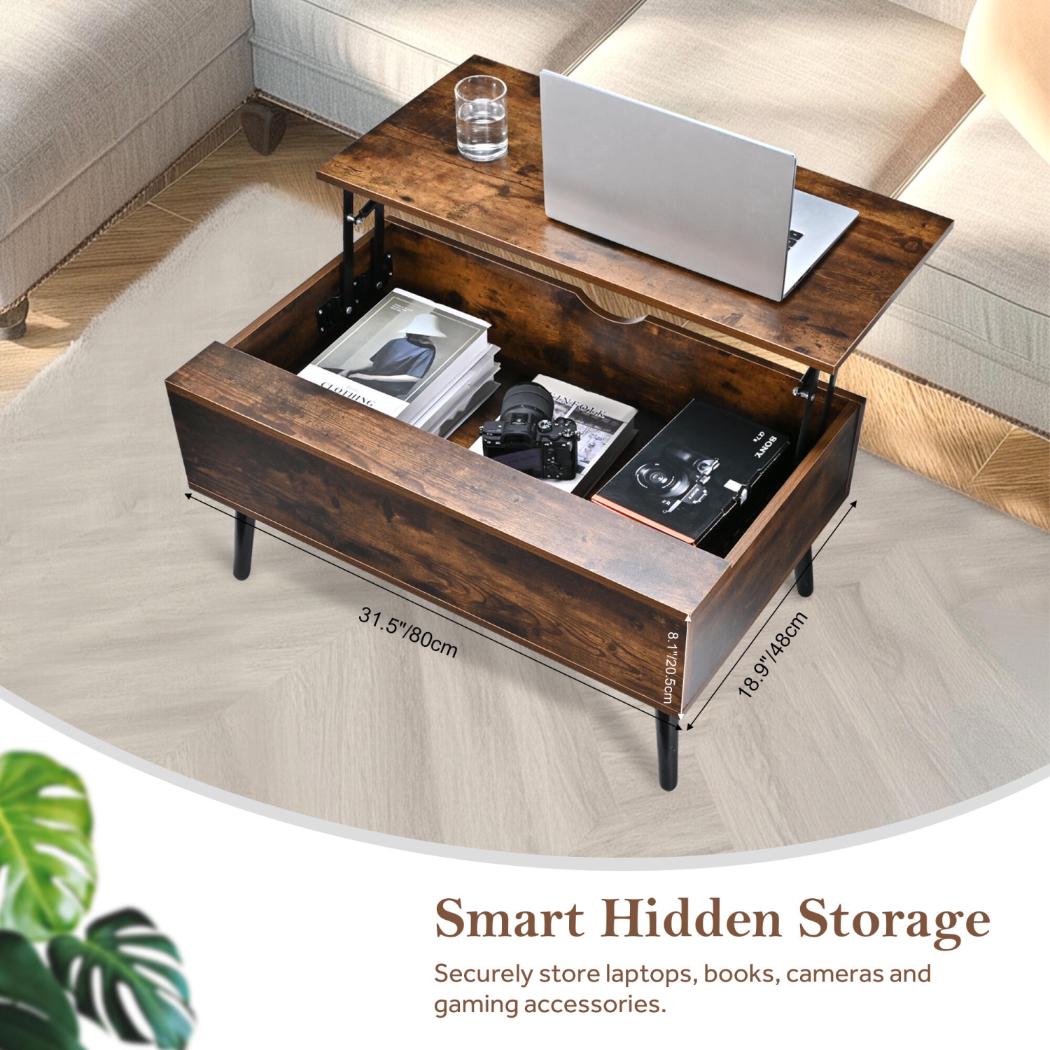 Table basse en bois à dessus relevable avec compartiment de rangement dissimulé, table de service à thé 31,5&nbsp;po pour salle de séjour, salle de