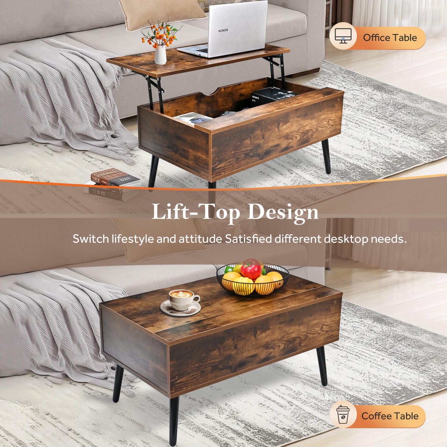 Table basse en bois à dessus relevable avec compartiment de rangement dissimulé, table de service à thé 31,5&nbsp;po pour salle de séjour, salle de