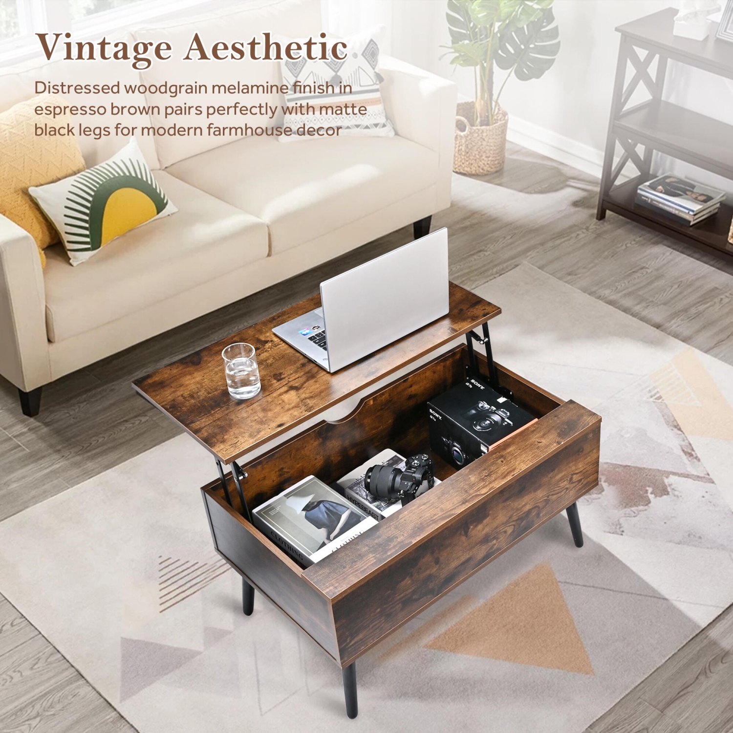 Table basse en bois à dessus relevable avec compartiment de rangement dissimulé, table de service à thé 31,5&nbsp;po pour salle de séjour, salle de