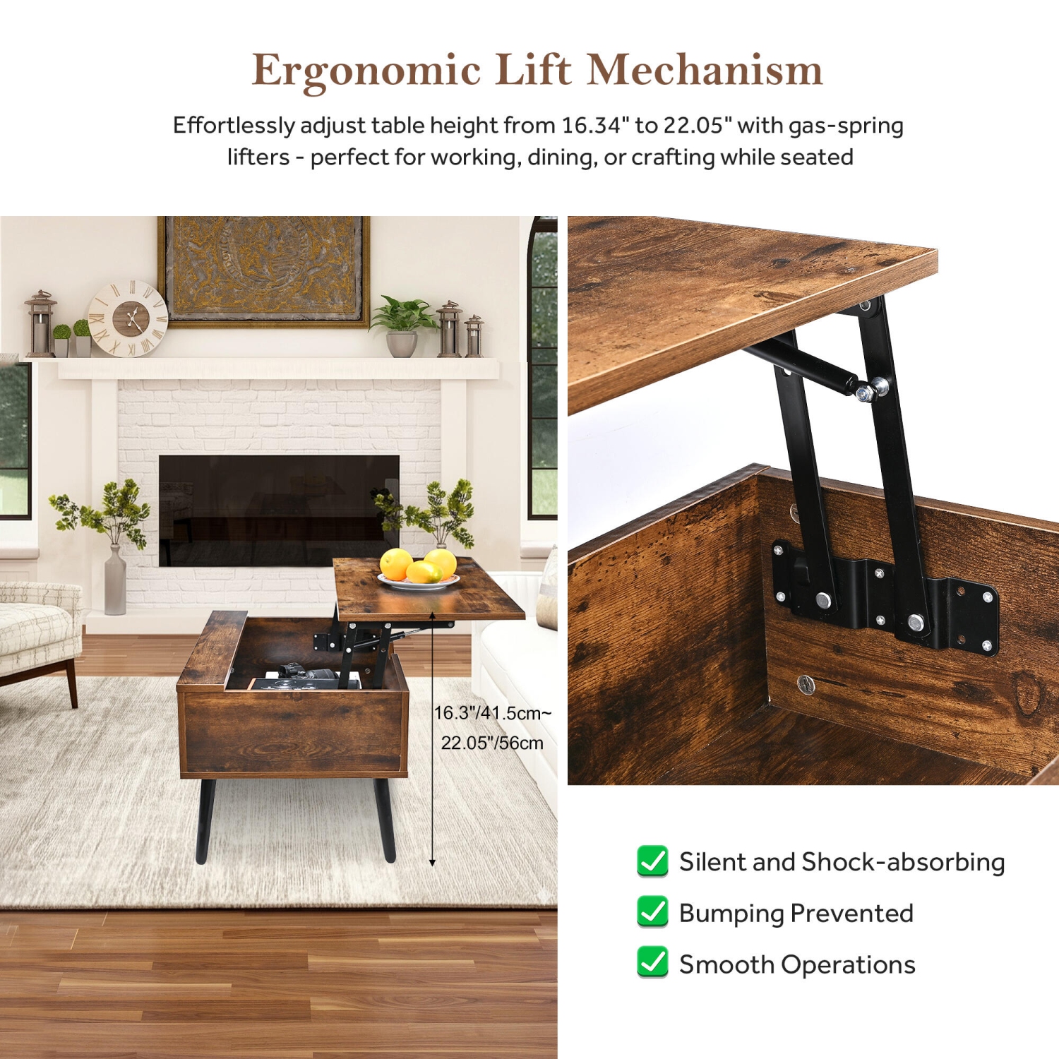 Table basse en bois à dessus relevable avec compartiment de rangement dissimulé, table de service à thé 31,5&nbsp;po pour salle de séjour, salle de