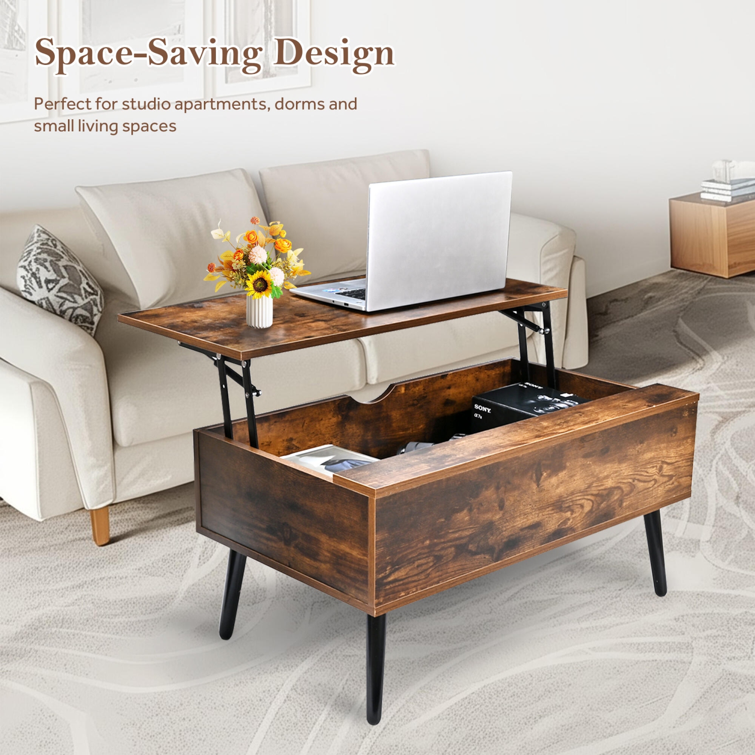 Table basse en bois à dessus relevable avec compartiment de rangement dissimulé, table de service à thé 31,5&nbsp;po pour salle de séjour, salle de