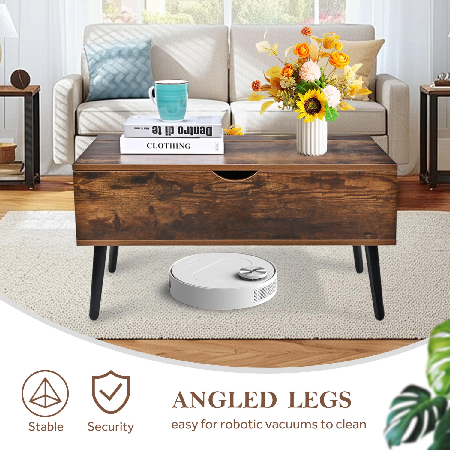 Table basse en bois à dessus relevable avec compartiment de rangement dissimulé, table de service à thé 31,5&nbsp;po pour salle de séjour, salle de