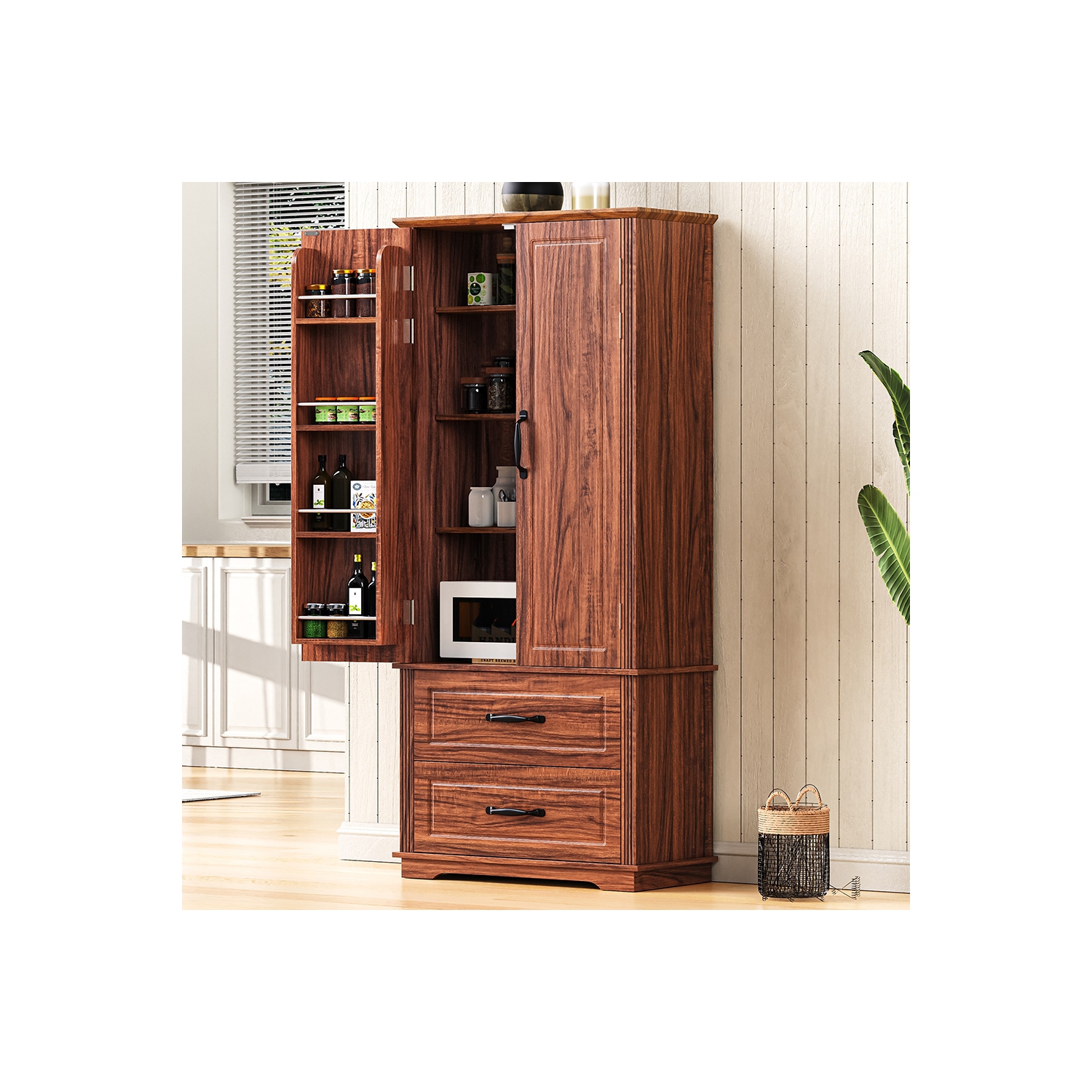 Kepooman 71" Farmhouse Kitchen Pantry Cabinet with 2 Large Drawers,Embossed Texture Freestanding Cupboard Cabinet with 8 Door Shelves and 3 Cabinet