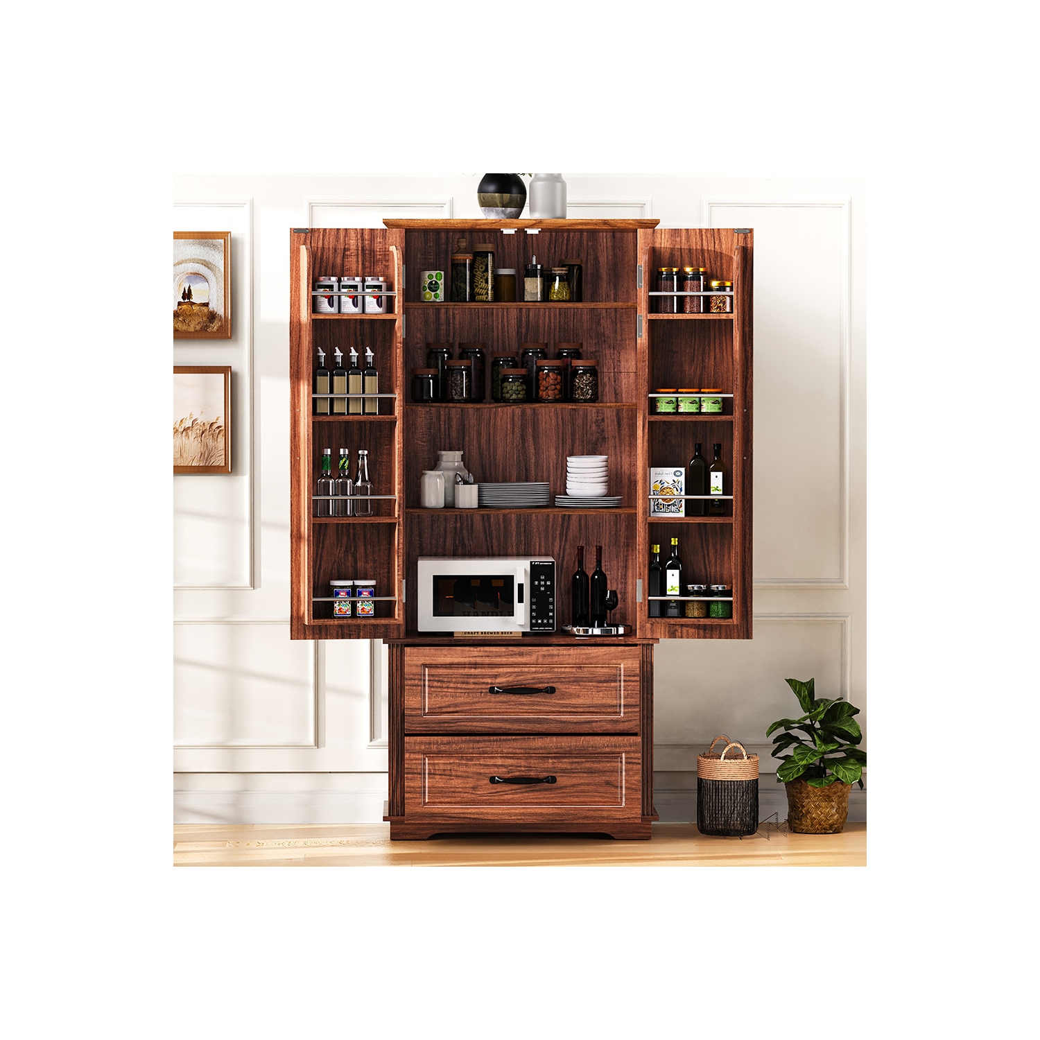 Kepooman 71" Farmhouse Kitchen Pantry Cabinet with 2 Large Drawers,Embossed Texture Freestanding Cupboard Cabinet with 8 Door Shelves and 3 Cabinet