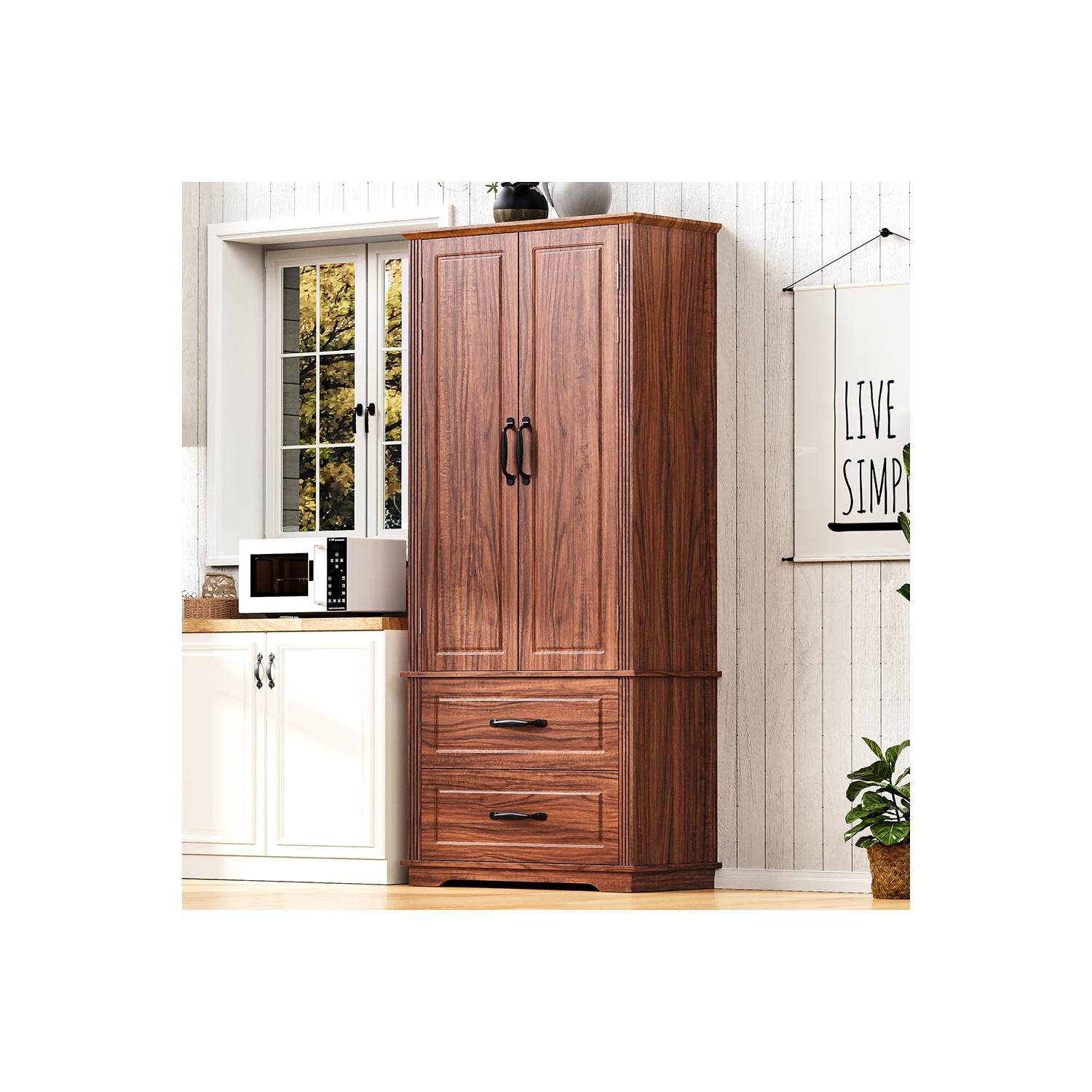 Kepooman 71" Farmhouse Kitchen Pantry Cabinet with 2 Large Drawers,Embossed Texture Freestanding Cupboard Cabinet with 8 Door Shelves and 3 Cabinet