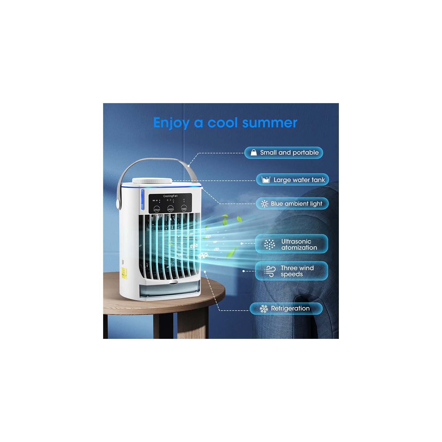 Portable Air Conditioners Fan, Evaporative Air Cooler with 3 Cool Mist & 3 Speeds, Desktop Cooling Fan with Humidifier for Room Bedroom Office