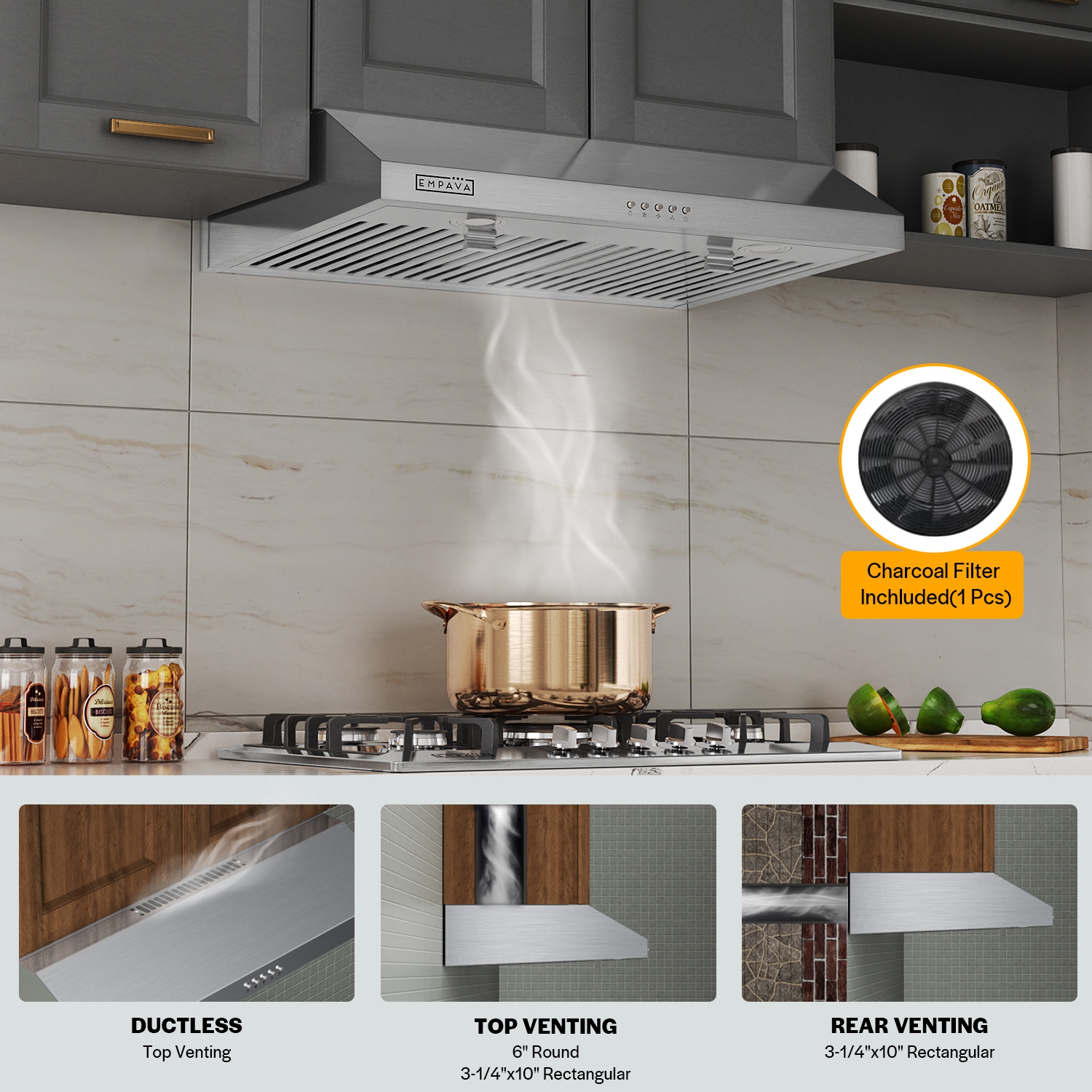 Ultrathin Series 30 in. 300 CFM Ductless Under Cabinet Range Hood for Compact Kitchen with Push Button Controls - Carbon filter – 3 Speeds Fans in