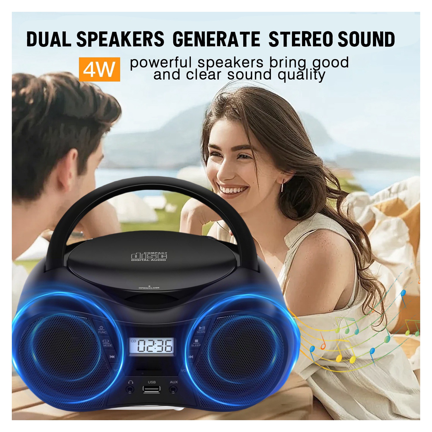 Lecteur CD portatif Home avec Bluetooth, minichaîne, lecteur CD et radio FM, stéréo