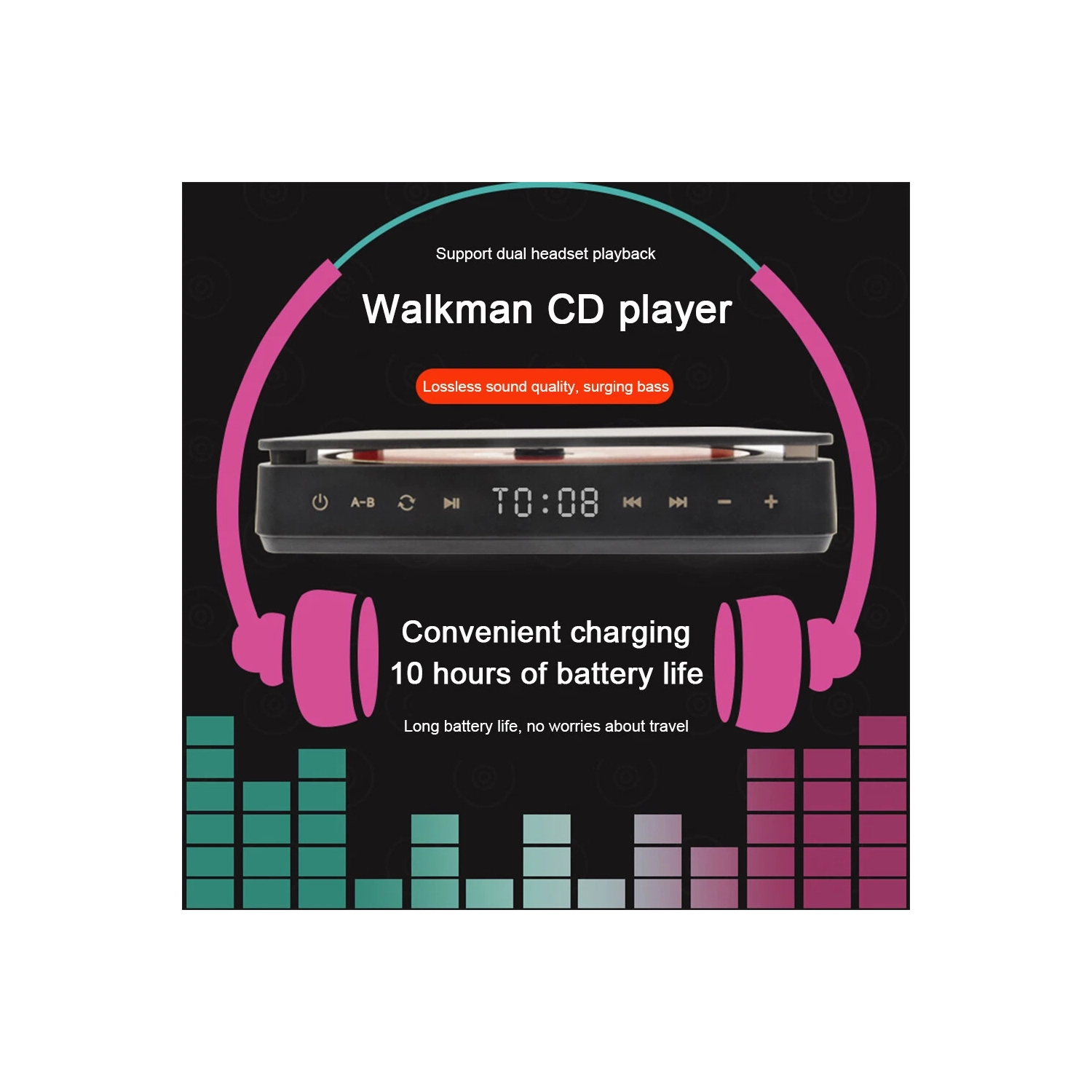 Personal Portable MP3 Music Walkman CD Player Rechargeable with Anti-slip Earphones