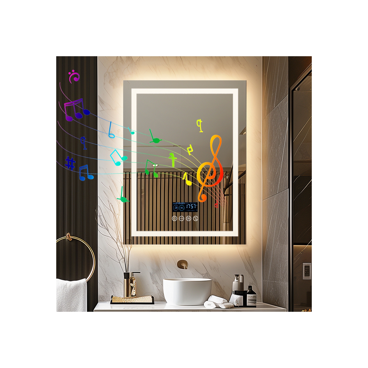 LUVODI 24"x32" LED Bathroom Mirror with Lights, Built-in Bluetooth Speaker, Anti-Fog Dimmable 3 Lights Setting Backlit + Front Lit, Lighted Vanity