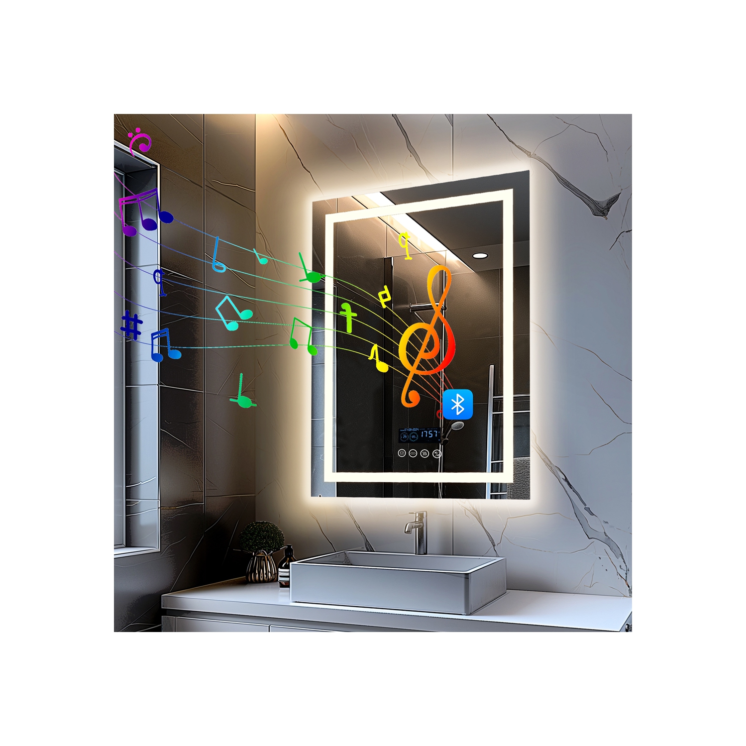 LUVODI 24"x32" LED Bathroom Mirror with Lights, Built-in Bluetooth Speaker, Anti-Fog Dimmable 3 Lights Setting Backlit + Front Lit, Lighted Vanity