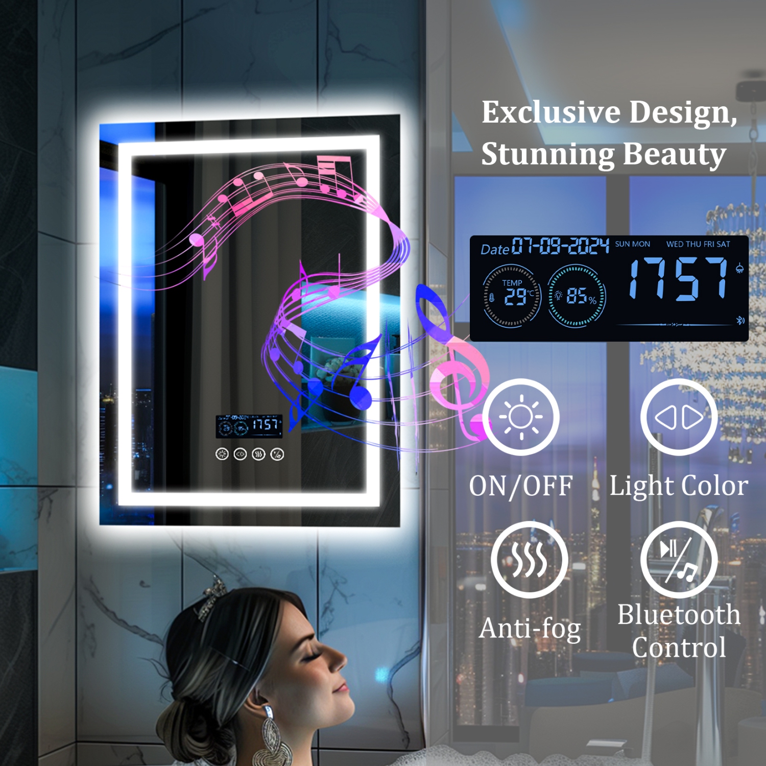 LUVODI 24"x32" LED Bathroom Mirror with Lights, Built-in Bluetooth Speaker, Anti-Fog Dimmable 3 Lights Setting Backlit + Front Lit, Lighted Vanity