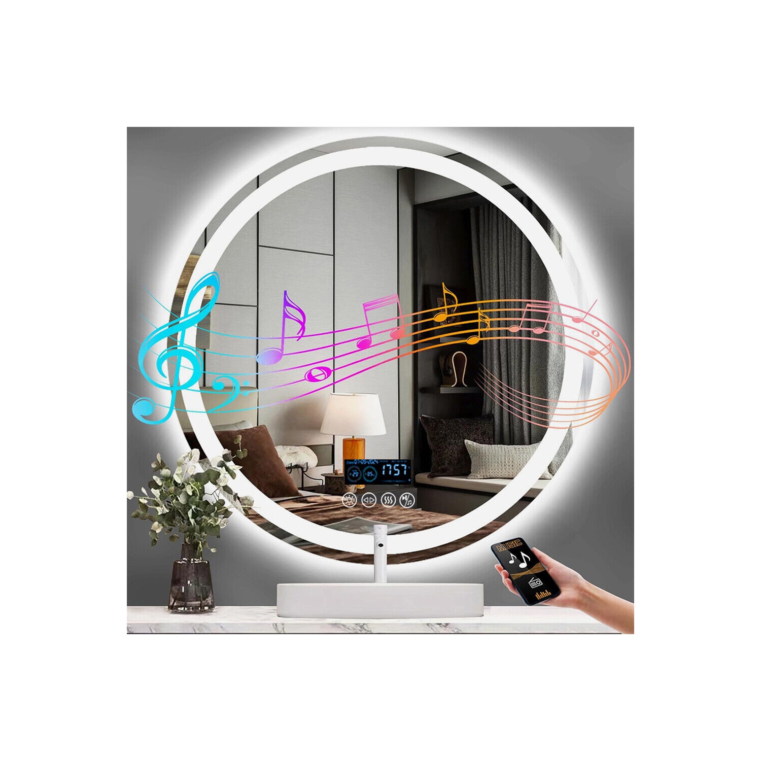 LUVODI 32" Round LED Bathroom Mirror with Lights, Wall Mounted Vanity Mirror with 3 Colors Dimmable Light, Bluetooth Speaker, Anti-Fog, Memory
