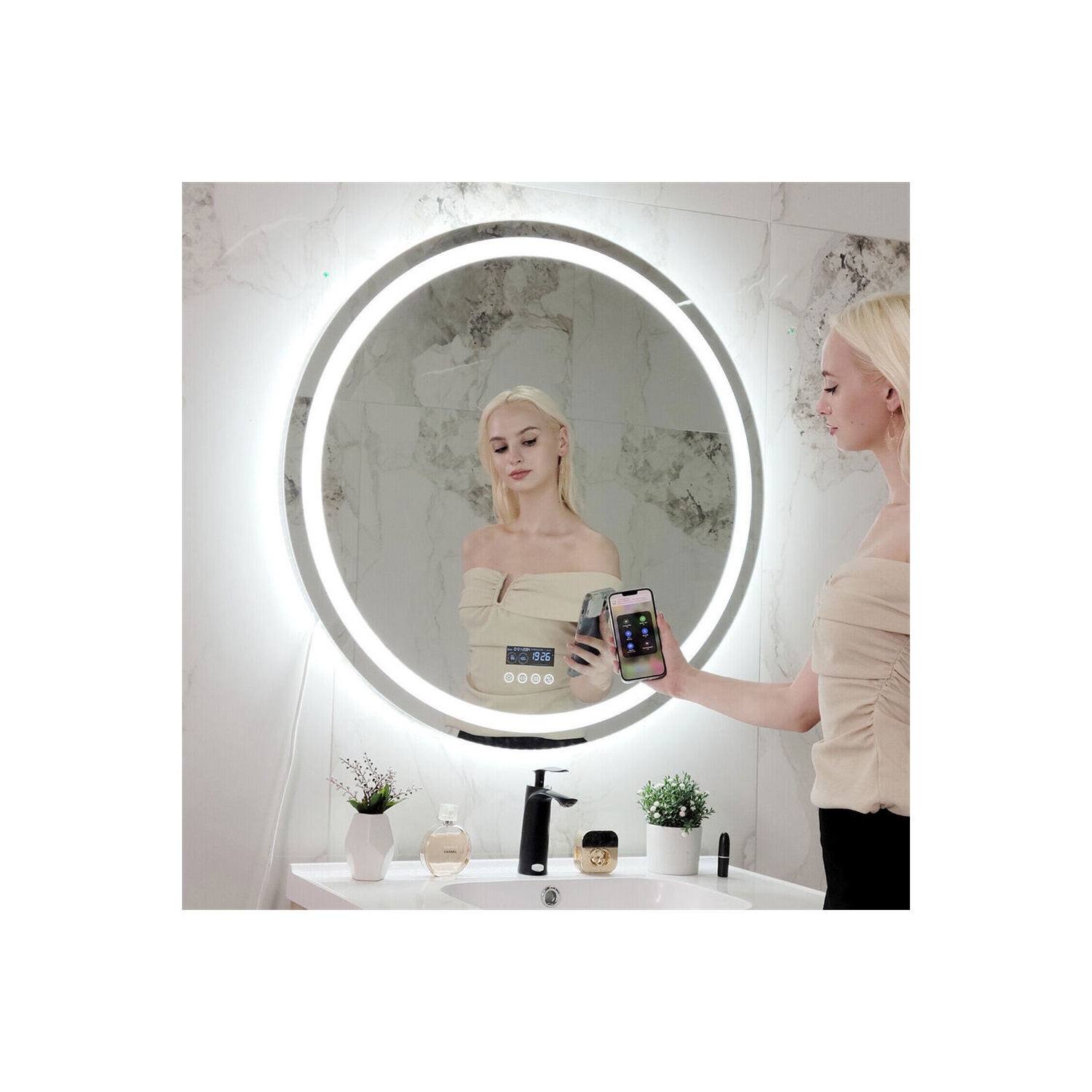 LUVODI 32" Round LED Bathroom Mirror with Lights, Wall Mounted Vanity Mirror with 3 Colors Dimmable Light, Bluetooth Speaker, Anti-Fog, Memory
