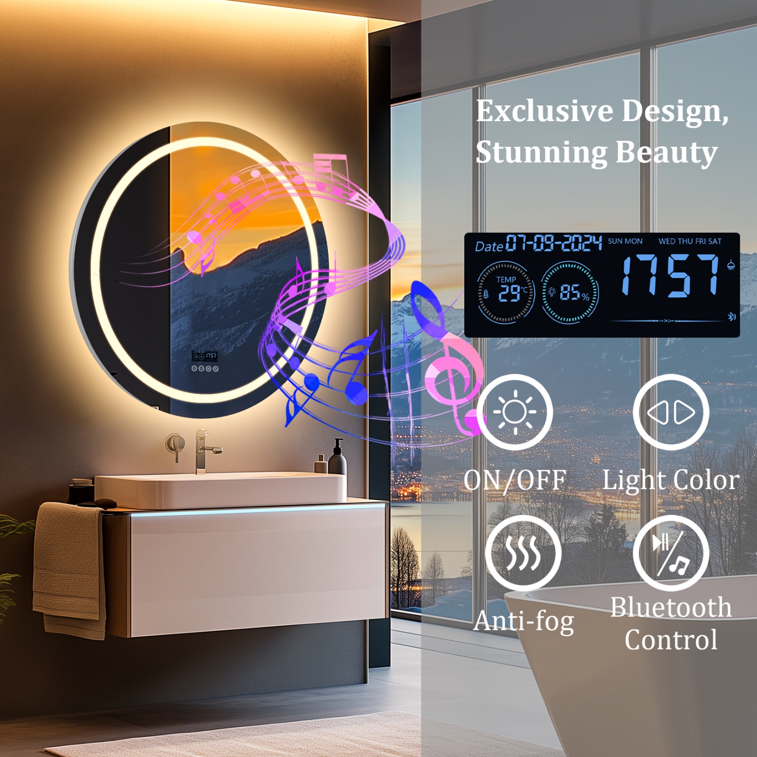 LUVODI 32" Round LED Bathroom Mirror with Lights, Wall Mounted Vanity Mirror with 3 Colors Dimmable Light, Bluetooth Speaker, Anti-Fog, Memory
