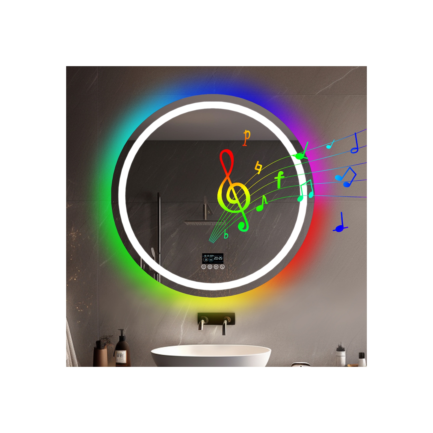 LUVODI 32"x32“ LED Bathroom Mirror with Lights, Bluetooth Speaker, Anti-Fog, Dimmable, RGB Backlit + Front Lighted Bathroom Vanity Mirror for Wall,