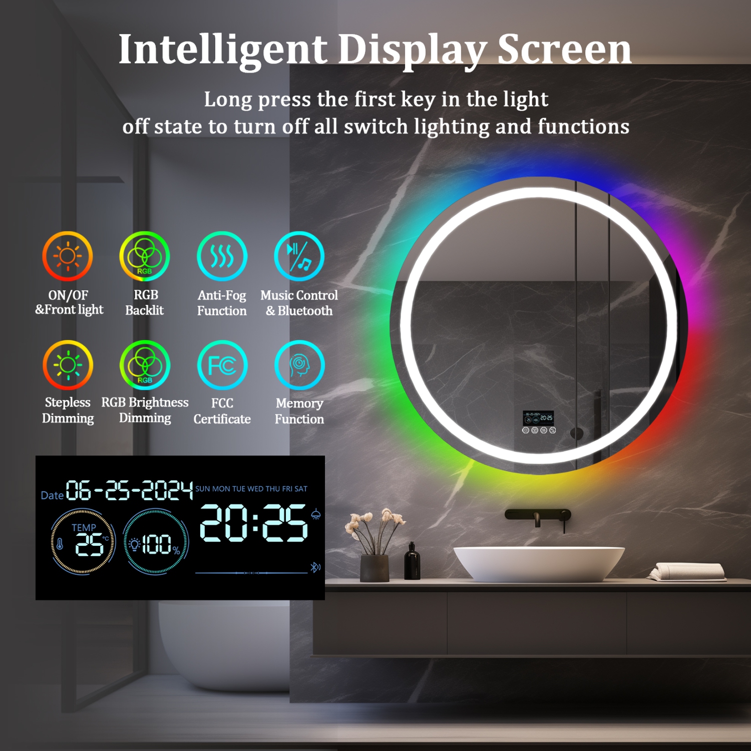 LUVODI 32"x32“ LED Bathroom Mirror with Lights, Bluetooth Speaker, Anti-Fog, Dimmable, RGB Backlit + Front Lighted Bathroom Vanity Mirror for Wall,