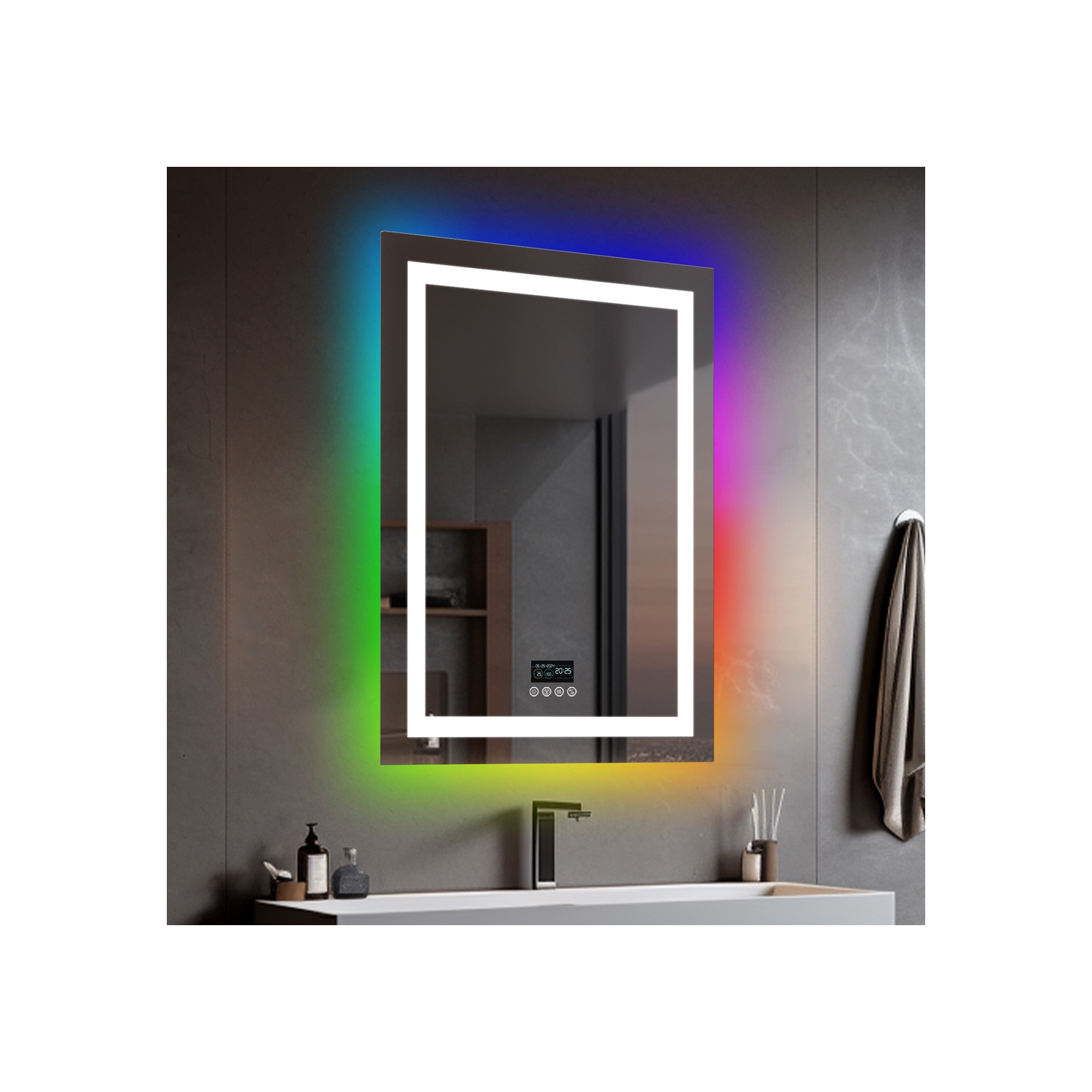 LUVODI 28"x36" LED Bathroom Mirror with Lights, Bluetooth Speaker, Anti-Fog, Dimmable, RGB Backlit + Front Lighted Bathroom Vanity Mirror for Wall,