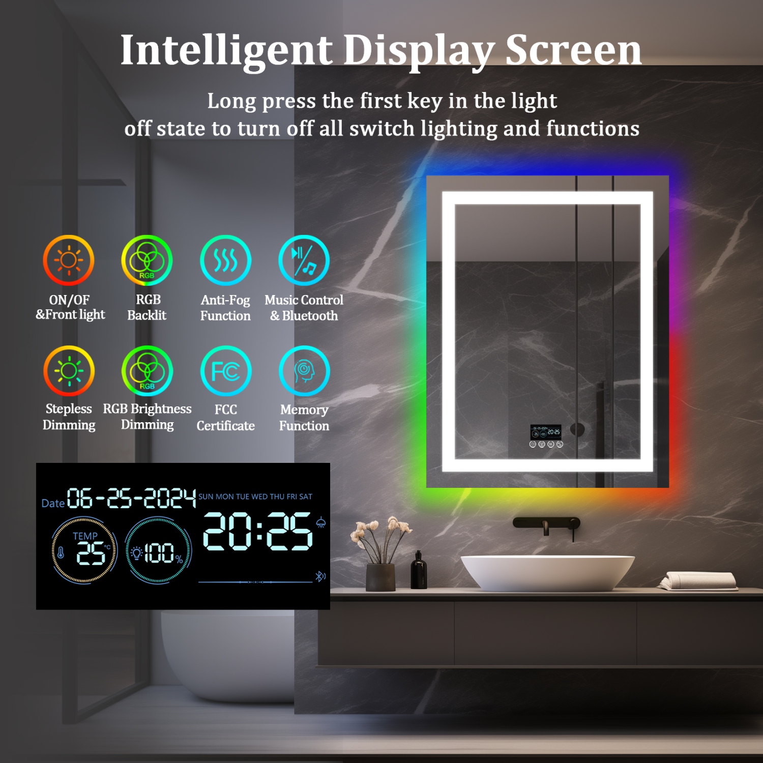 LUVODI 28"x36" LED Bathroom Mirror with Lights, Bluetooth Speaker, Anti-Fog, Dimmable, RGB Backlit + Front Lighted Bathroom Vanity Mirror for Wall,
