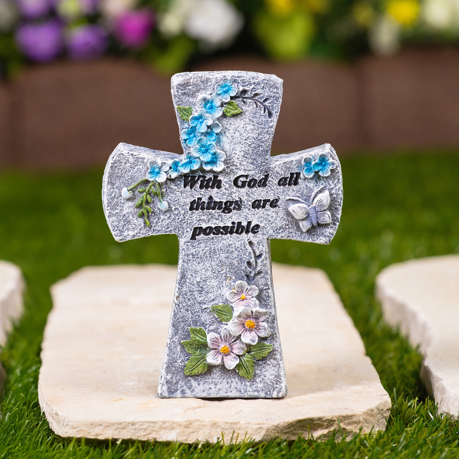 With God All Things Are Possible Floral Cross Statue - 6.75"