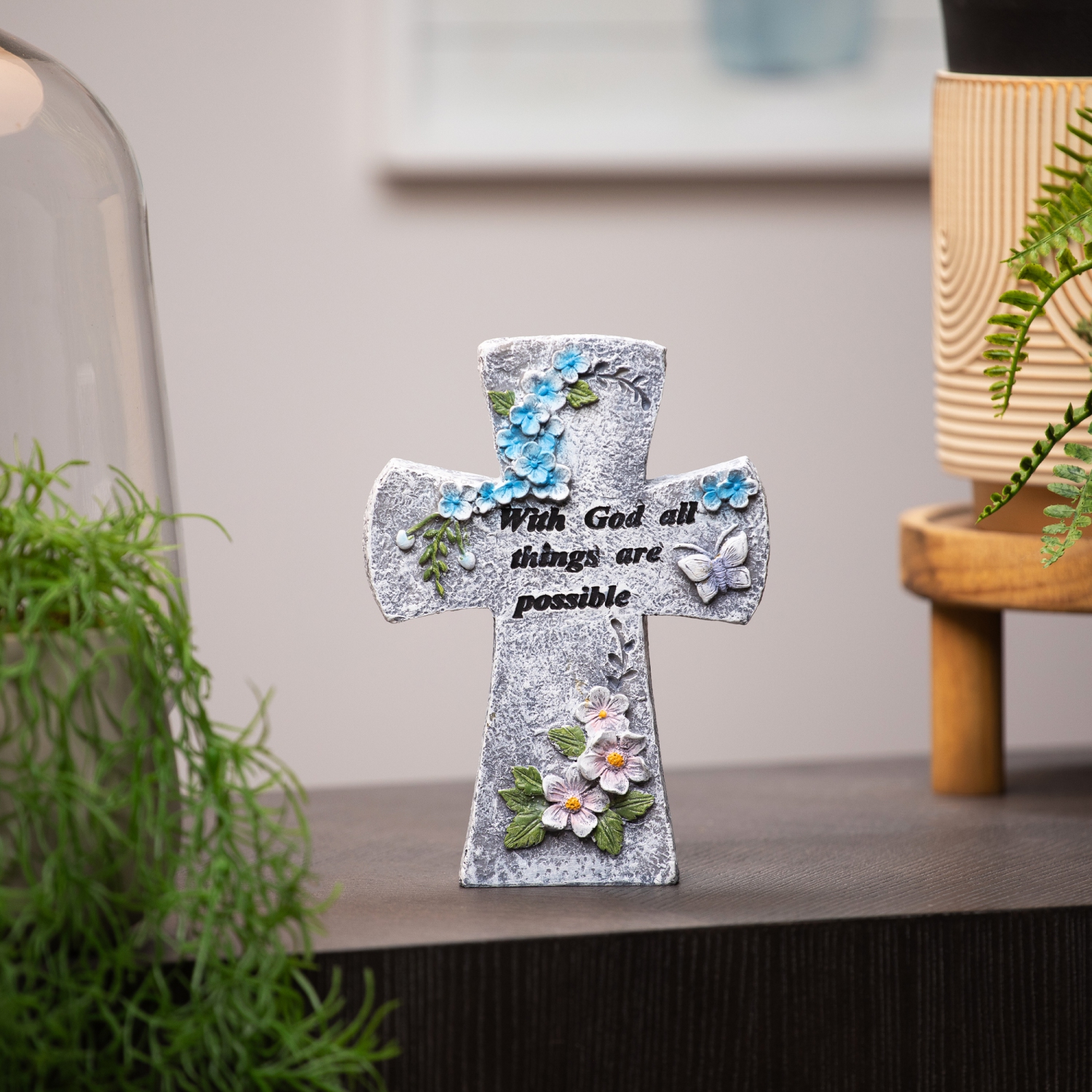 With God All Things Are Possible Floral Cross Statue - 6.75"