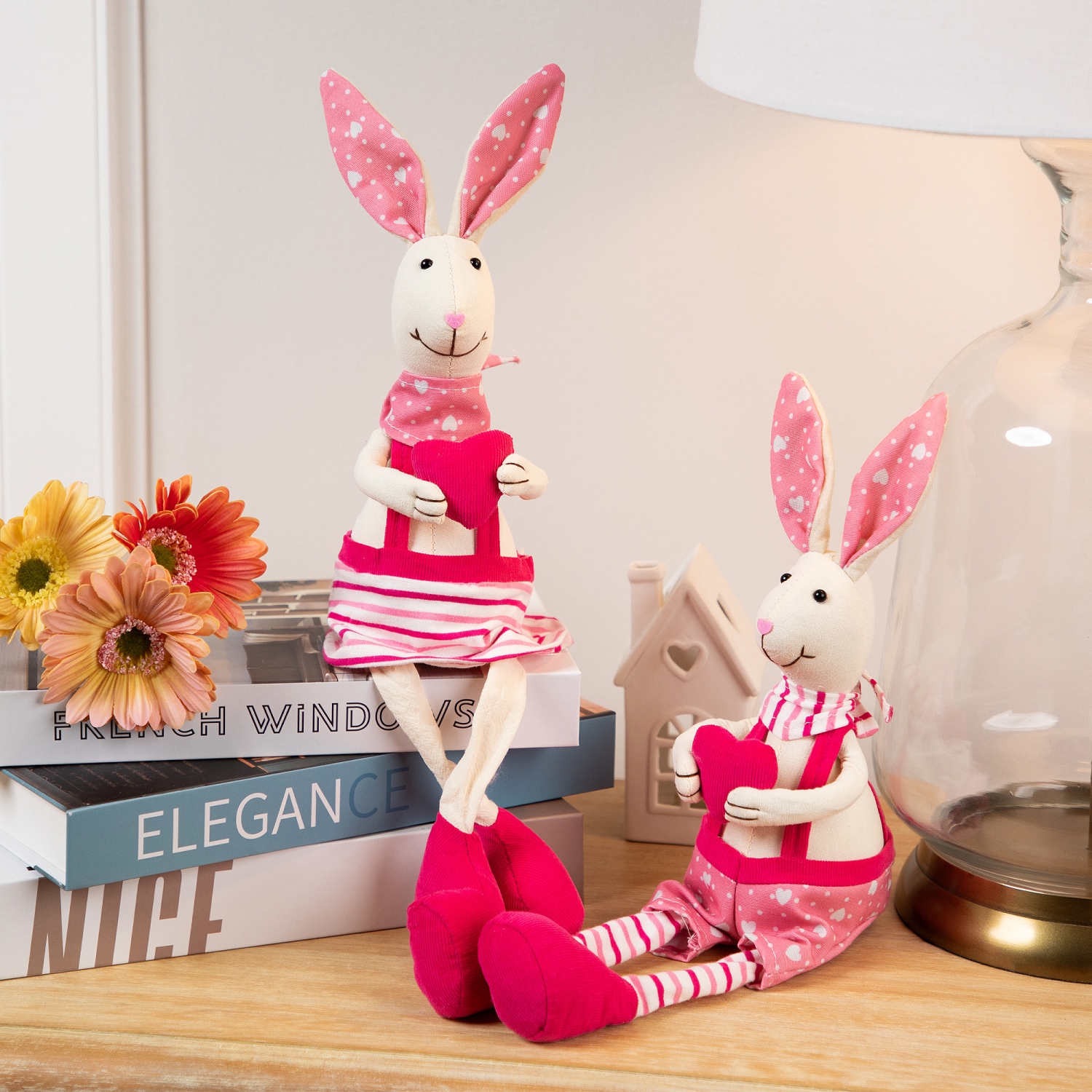 Boy Sitting Easter Rabbit Decoration with Dangling Legs - 16.5" - Pink and Cream