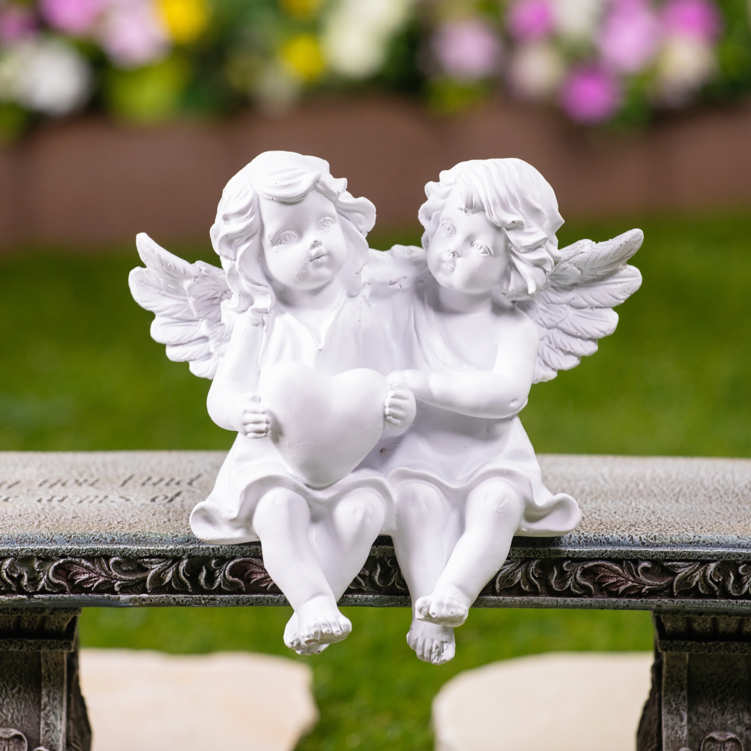 Sitting Boy and Girl Cherubs with Heart Statue - 6.75"