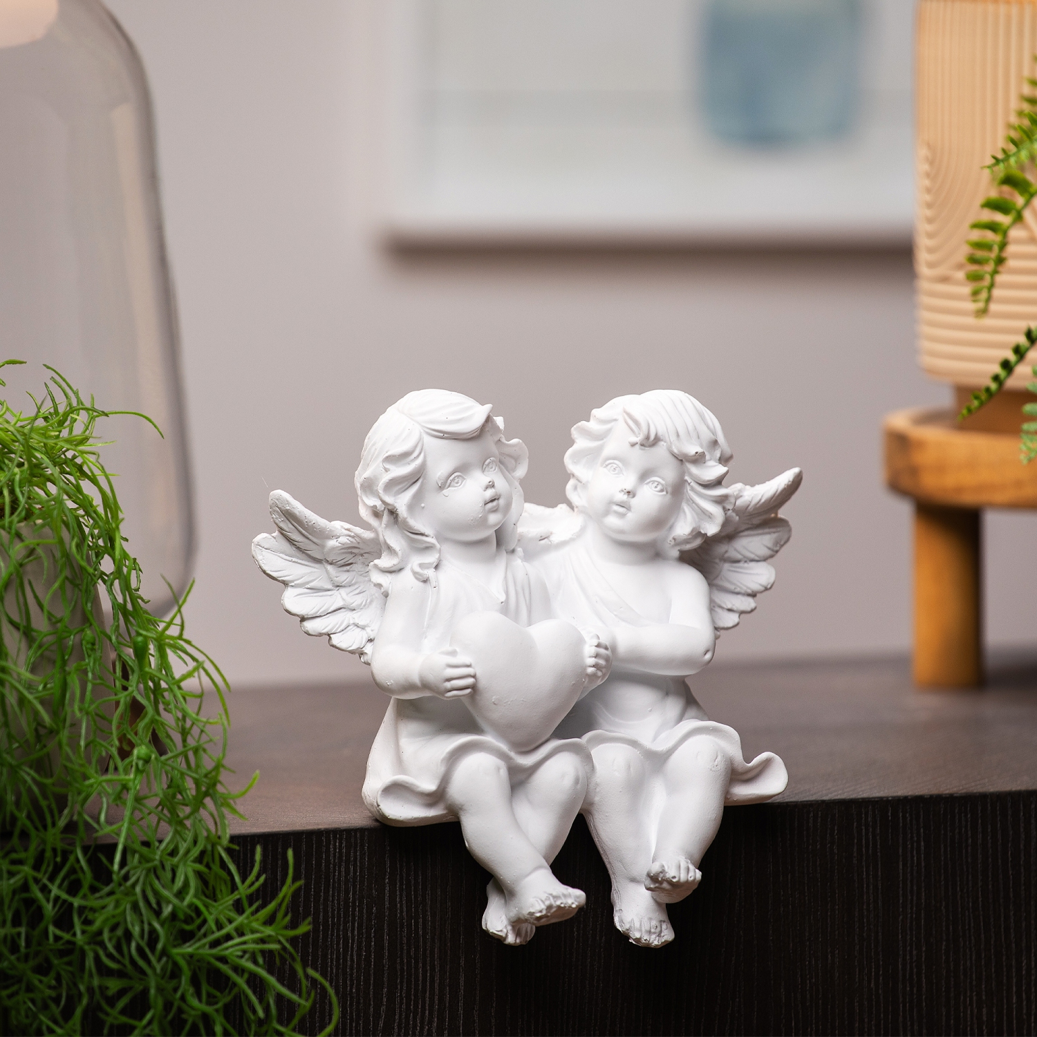 Sitting Boy and Girl Cherubs with Heart Statue - 6.75"