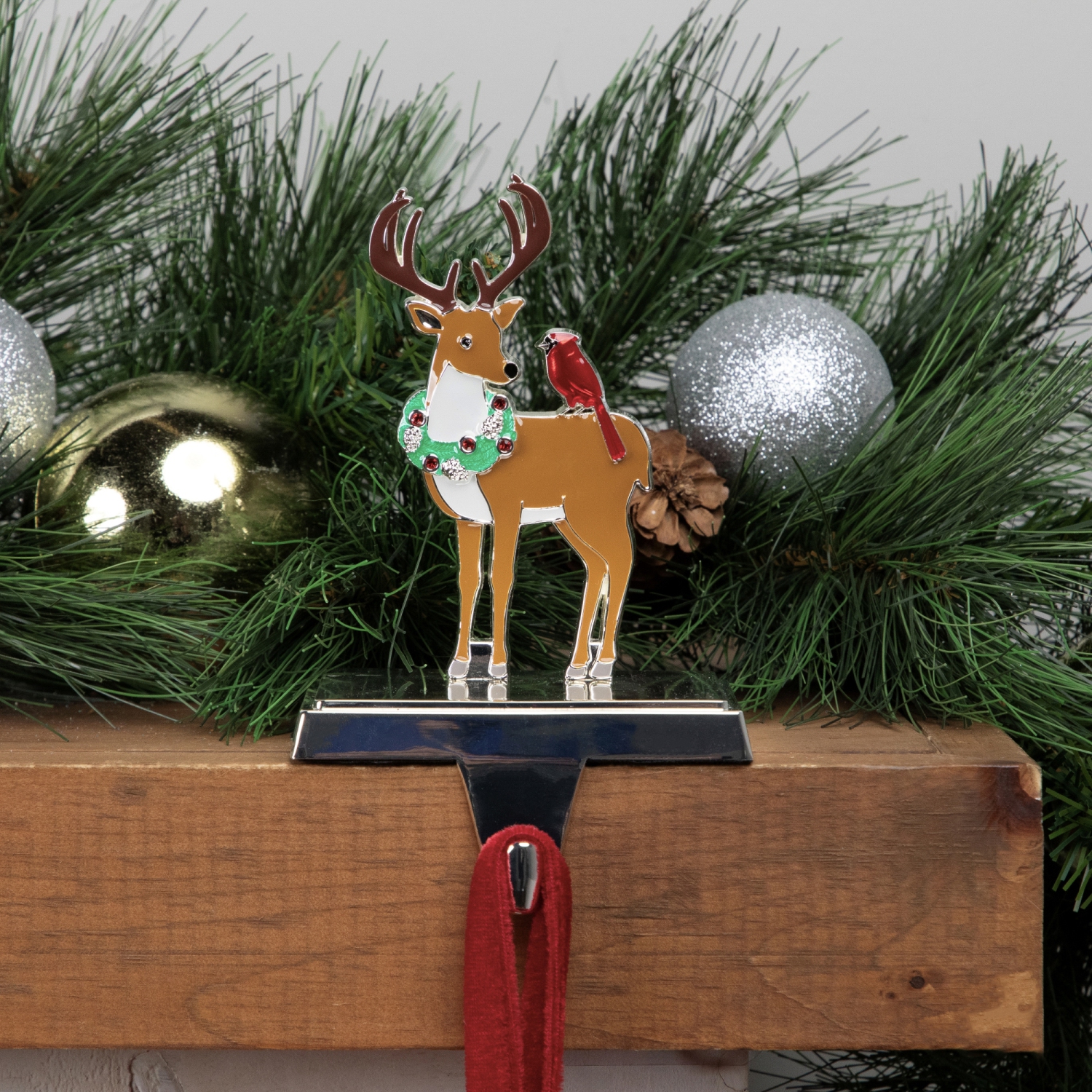 Reindeer Wearing Wreath with Cardinal Christmas Stocking Holder - 4.75"