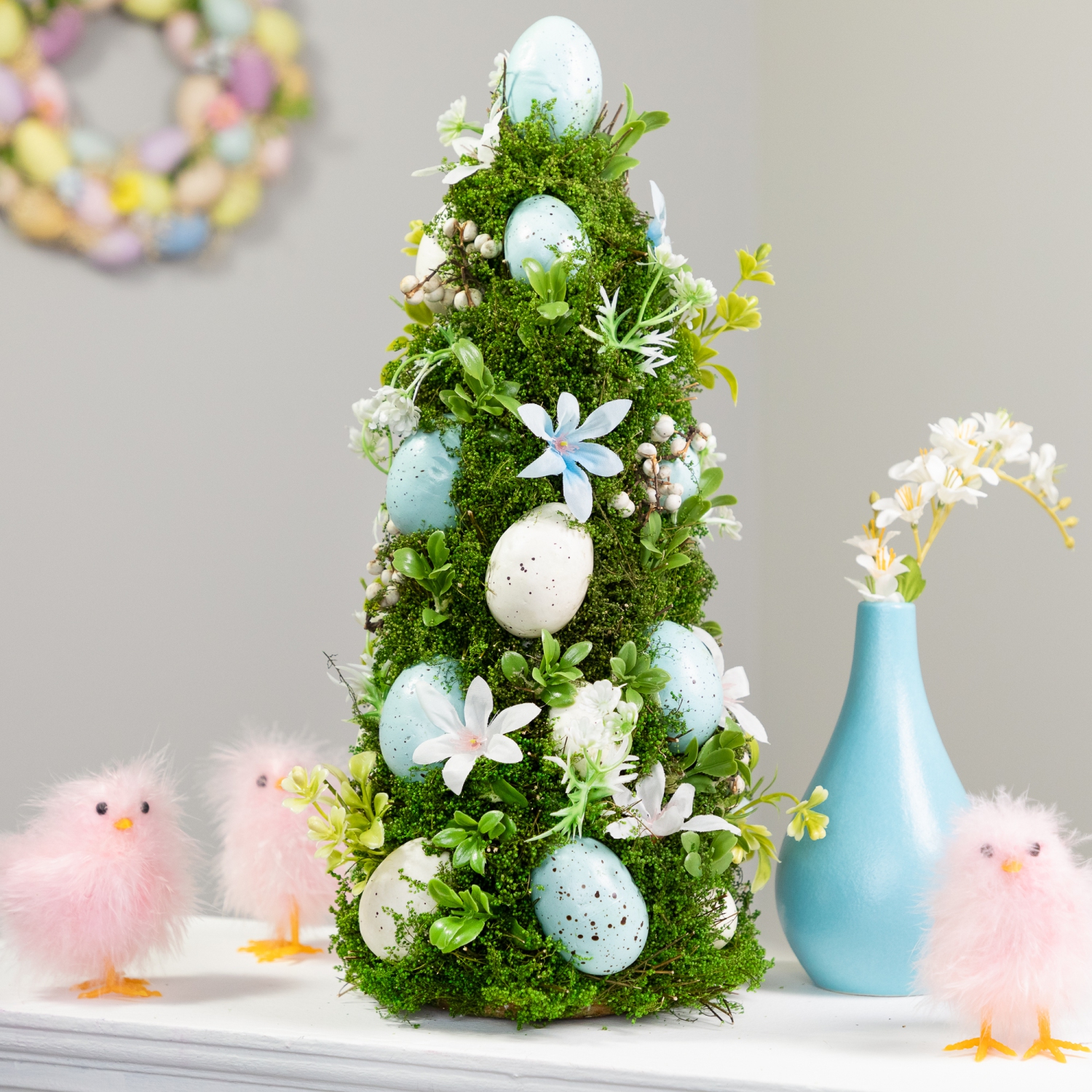 Floral and Foliage Easter Egg Tree - 14" - Blue and White