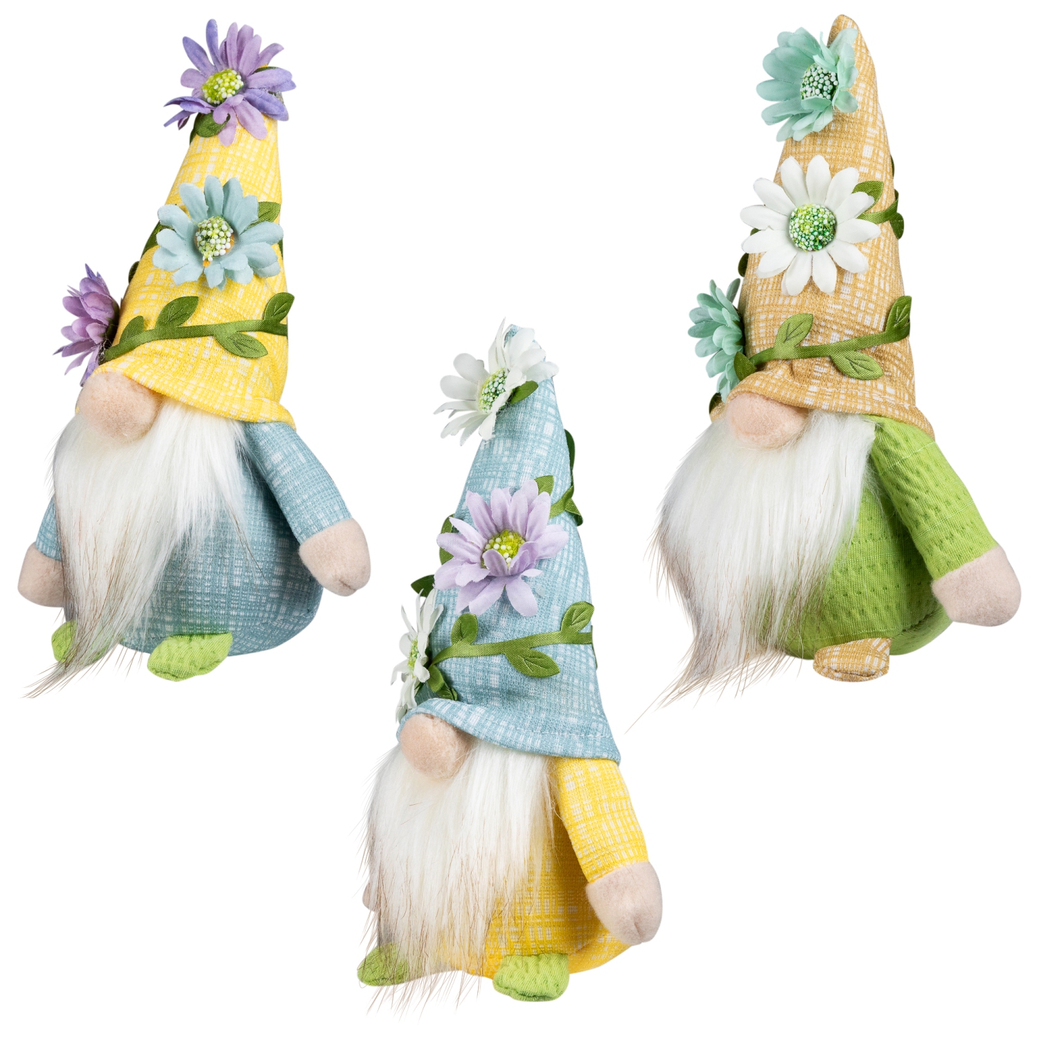 Mini Plush Gnomes with Floral Hat Spring Decorations - 7" - Set of 3