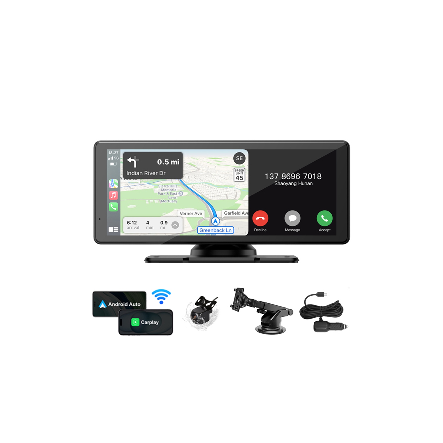 Multimédia 8.1 po Écran tactile Portable sans fil CarPlay et Android Auto avec caméra de recul, haut-parleur et microphone intégrés pour l'auto