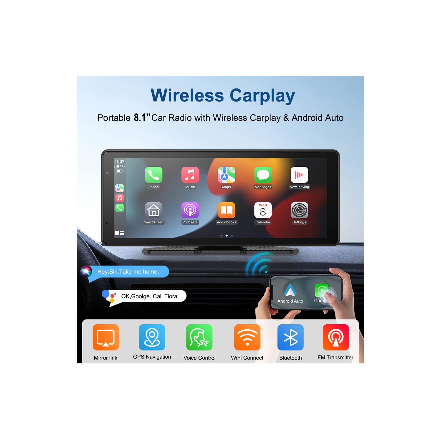 Multimédia 8.1 po Écran tactile Portable sans fil CarPlay et Android Auto avec caméra de recul, haut-parleur et microphone intégrés pour l'auto