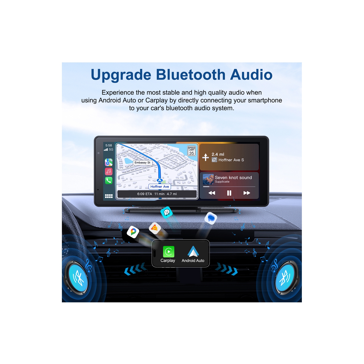 Multimédia 8.1 po Écran tactile Portable sans fil CarPlay et Android Auto avec caméra de recul, haut-parleur et microphone intégrés pour l'auto