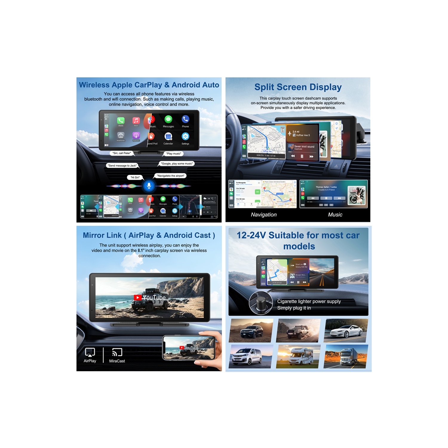 Multimédia 8.1 po Écran tactile Portable sans fil CarPlay et Android Auto avec caméra de recul, haut-parleur et microphone intégrés pour l'auto