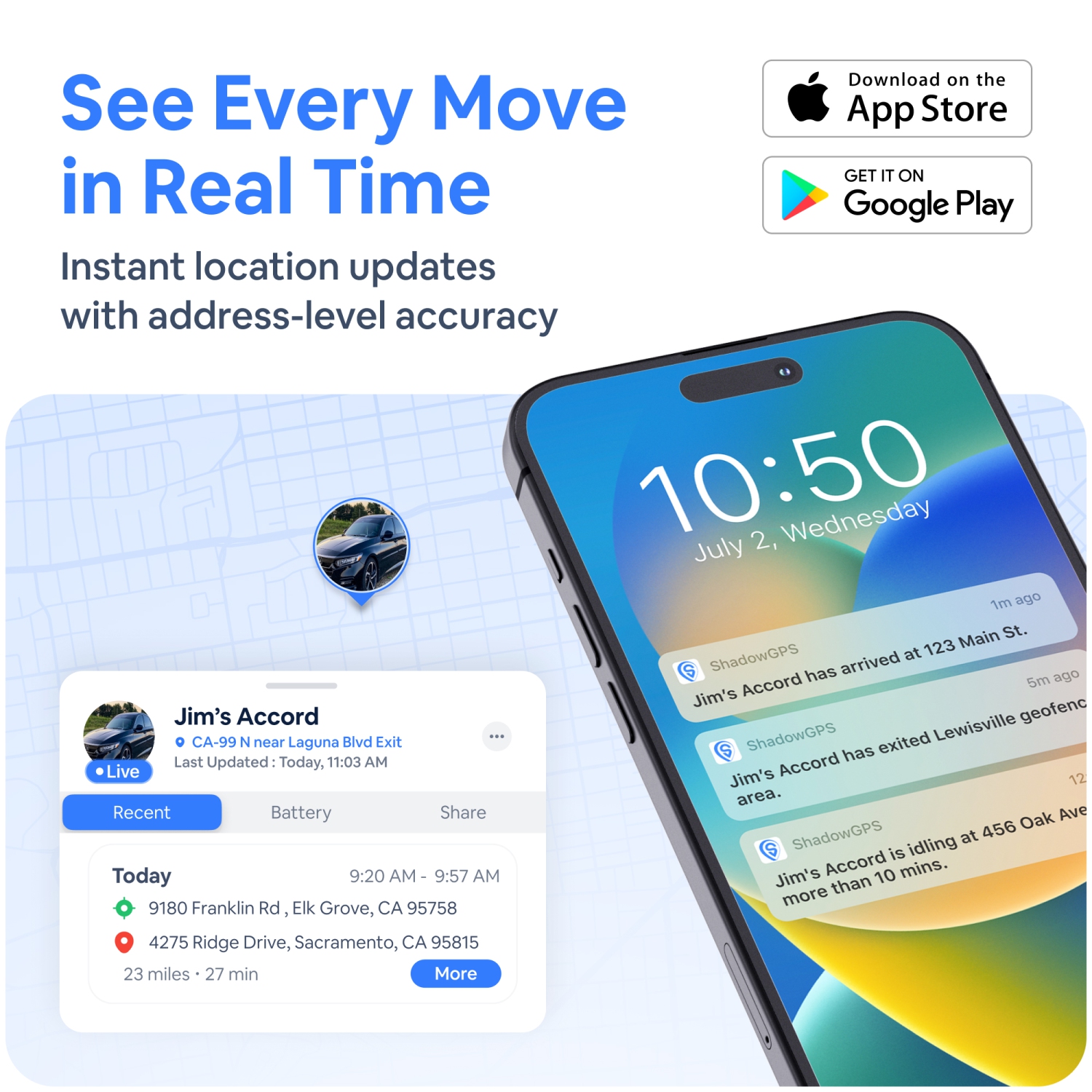 ShadowGPS Tracker for Vehicles, Kids, Fleets & Tools – Real-Time Alerts with Geofencing, Motion Alerts, 1 Yr History, Rechargeable Battery –