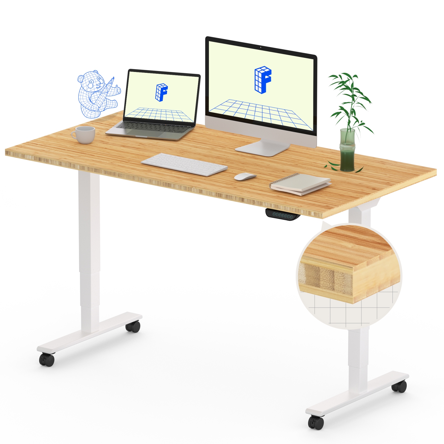 Bureau électrique debout à deux moteurs 3 étapes FlexiSpot avec bureau en bambou 48 x 24&nbsp;po et cadre blanc robuste à hauteur réglable