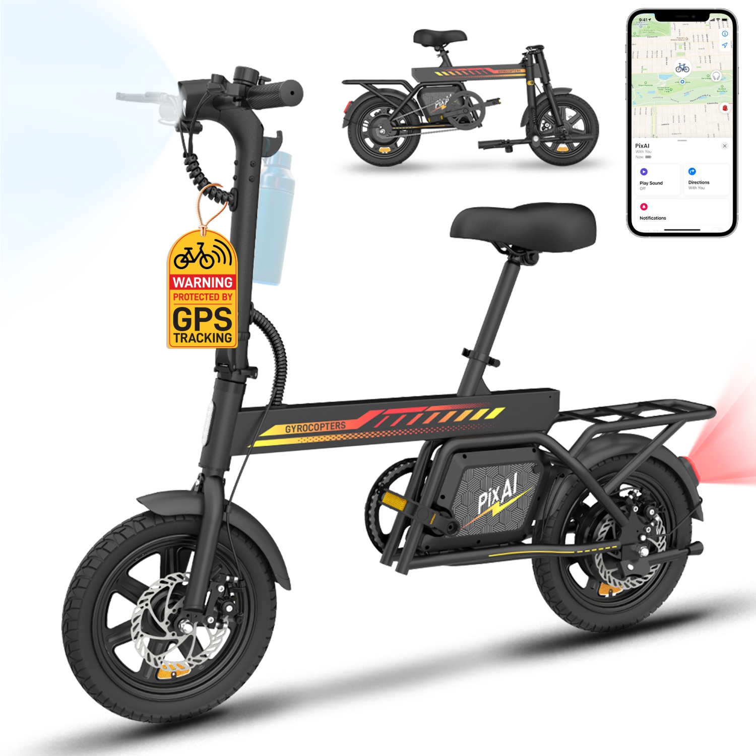 Gyrocopters PixAI Electric foldable cargo Bike for Adults/Teen, UL2849 Safe, PAS Range Upto 70km, Speed Upto 32km/h, Anti-Theft GPS, Dual Rider