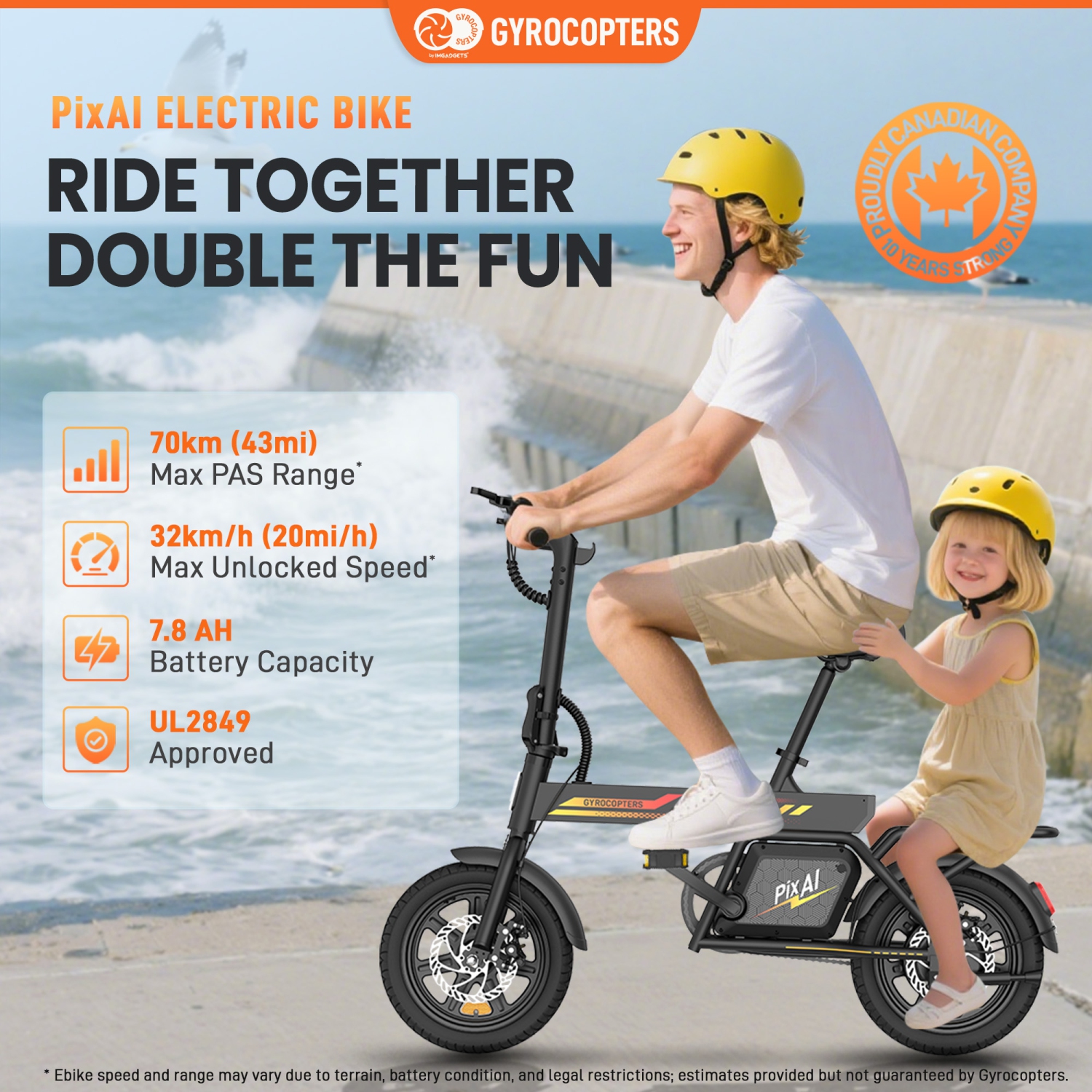 Gyrocopters PixAI Electric foldable cargo Bike for Adults/Teen, UL2849 Safe, PAS Range Upto 70km, Speed Upto 32km/h, Anti-Theft GPS, Dual Rider