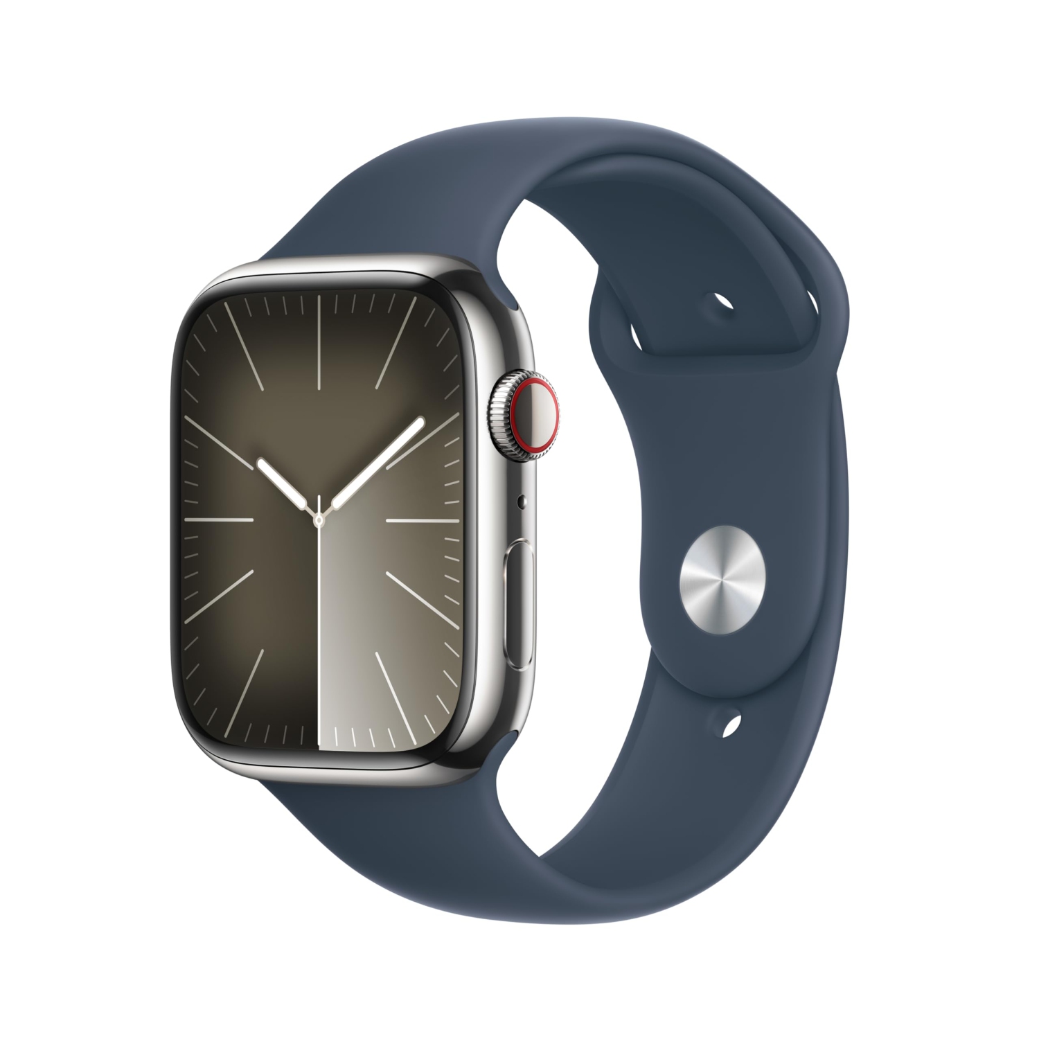 Apple Watch Series 9 [GPS + Cellular 45mm] Smartwatch with Silver Stainless Steel Case with Storm Blue Sport Band M/L.