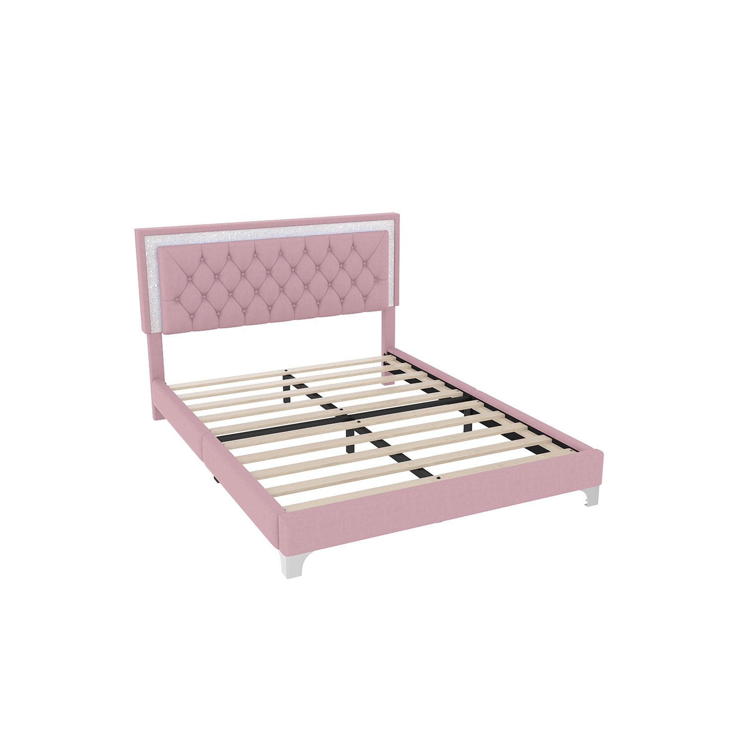Cadre de grand lit rembourré, éclairage LED, lit plateforme moderne en velours et tête de lit capitonnée Kepooman - Rose